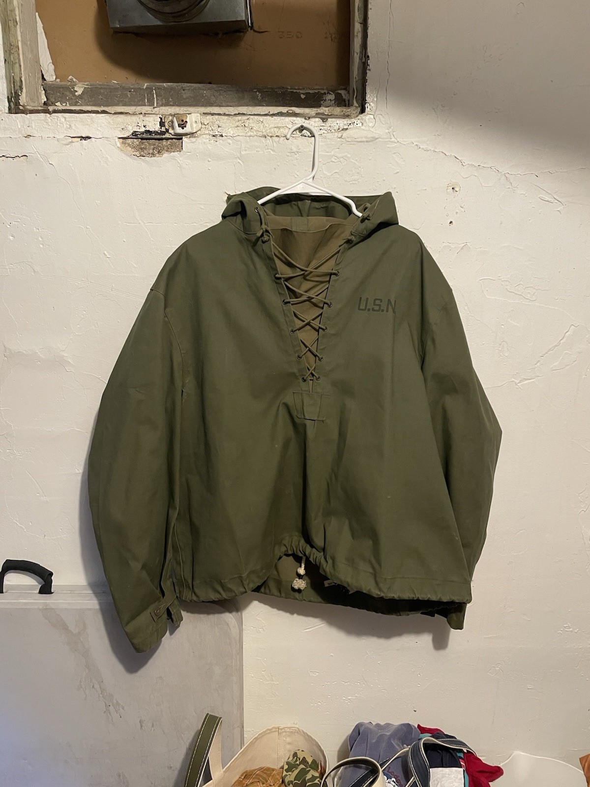 Vintage 40s WWII US Navy Wet Weather Deck Parka Lace Up Anorak Smock Jacket LG
