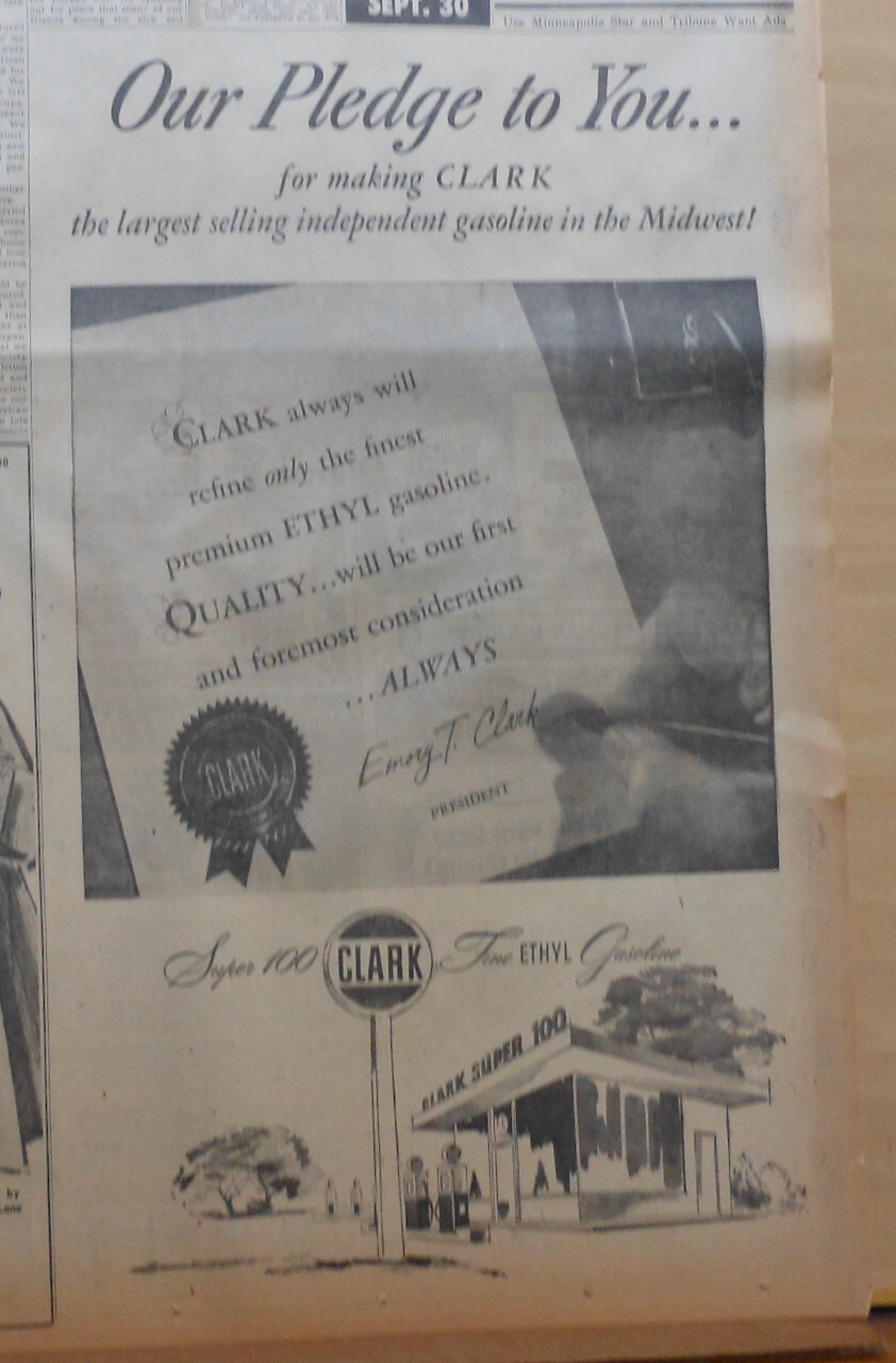 1953 newspaper ad for Clark Fine Ethyl Gasoline – Our Pledge To You