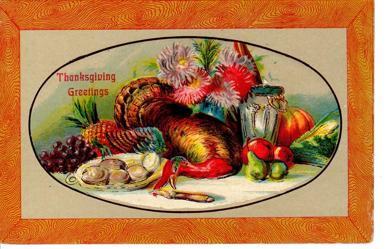 Vintage Postcard Thanksgiving Greeting Turkey Dinner Food beautiful art card