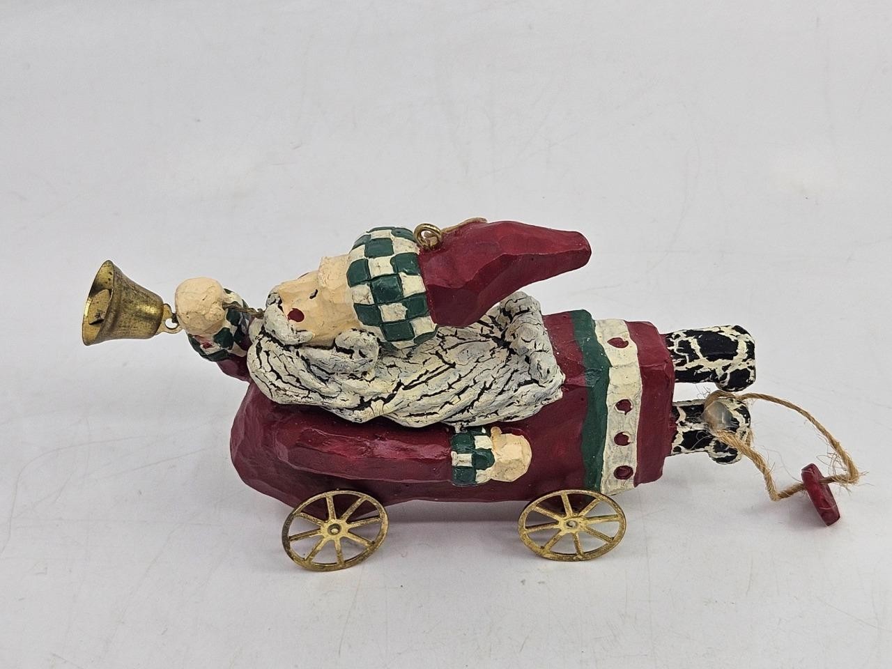 Vtg Folk Art Style Santa w/ Bell Pull Toy Xmas Ornament Crackle Finish Check