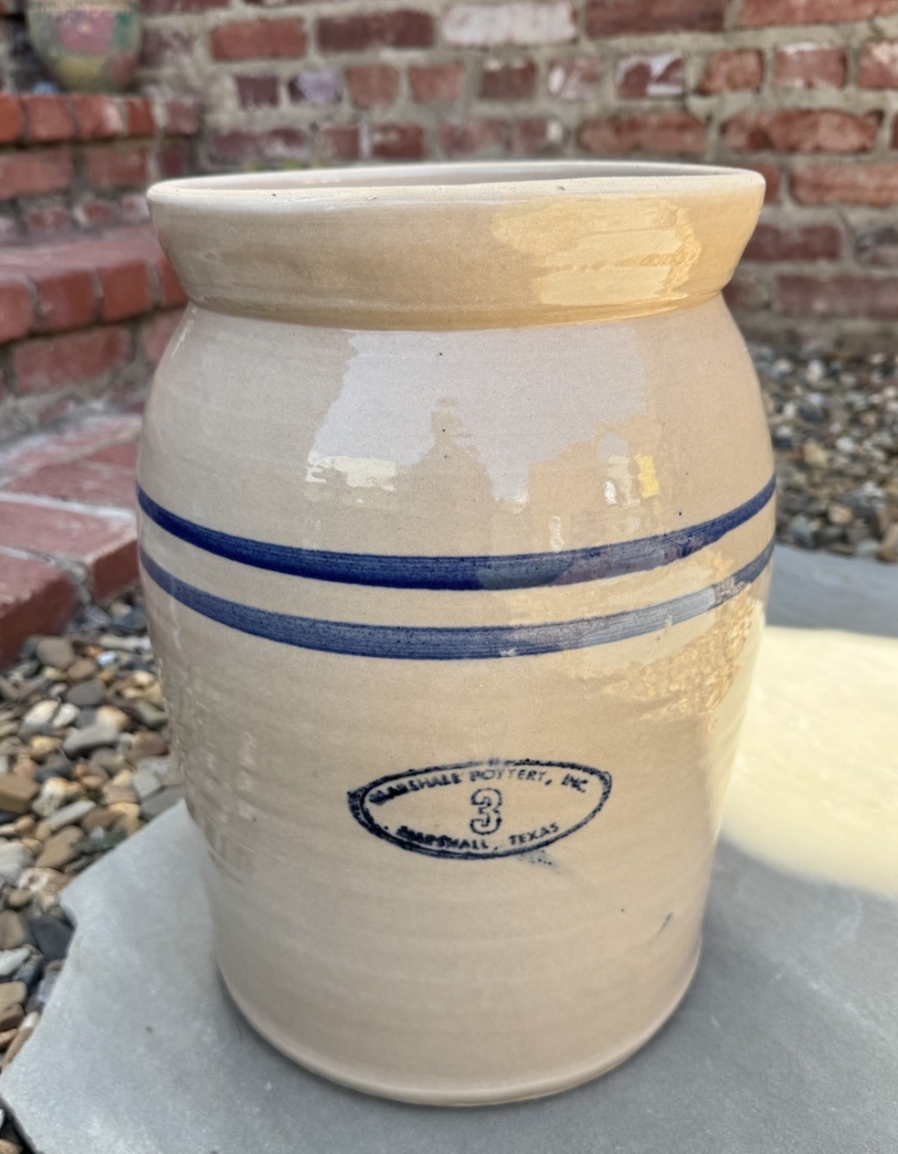 Vintage Marshall Pottery Butter Churn Crock 3 Gal. Blue Stripe +Lid/No Dasher