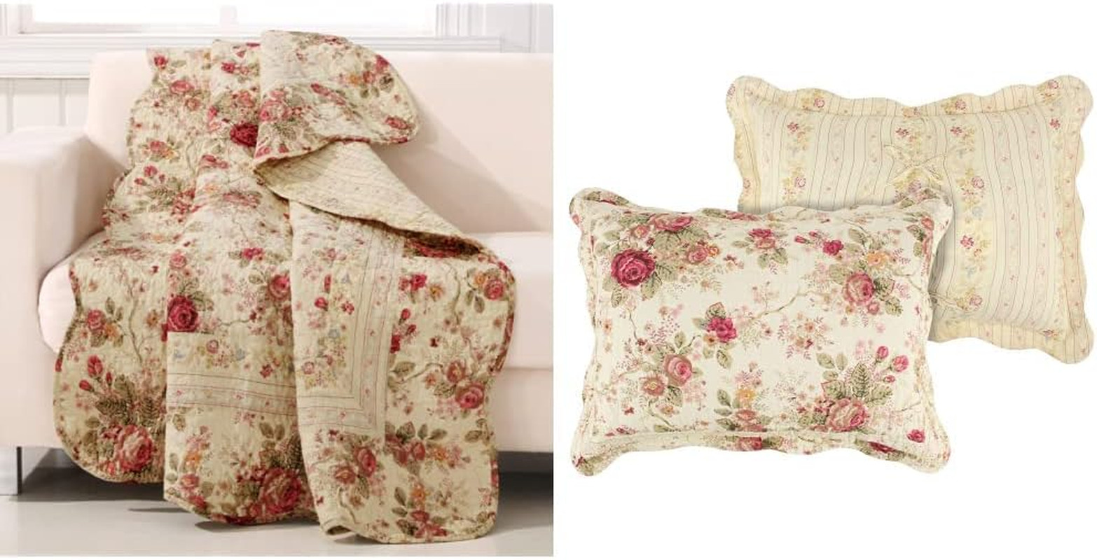 Greenland Home Antique Rose Throw Blanket, Full, Ecru and Greenland Home Antique