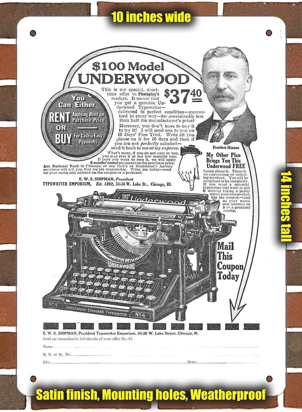 Metal Sign – 1917 Underwood Typewriters- 10×14 inches