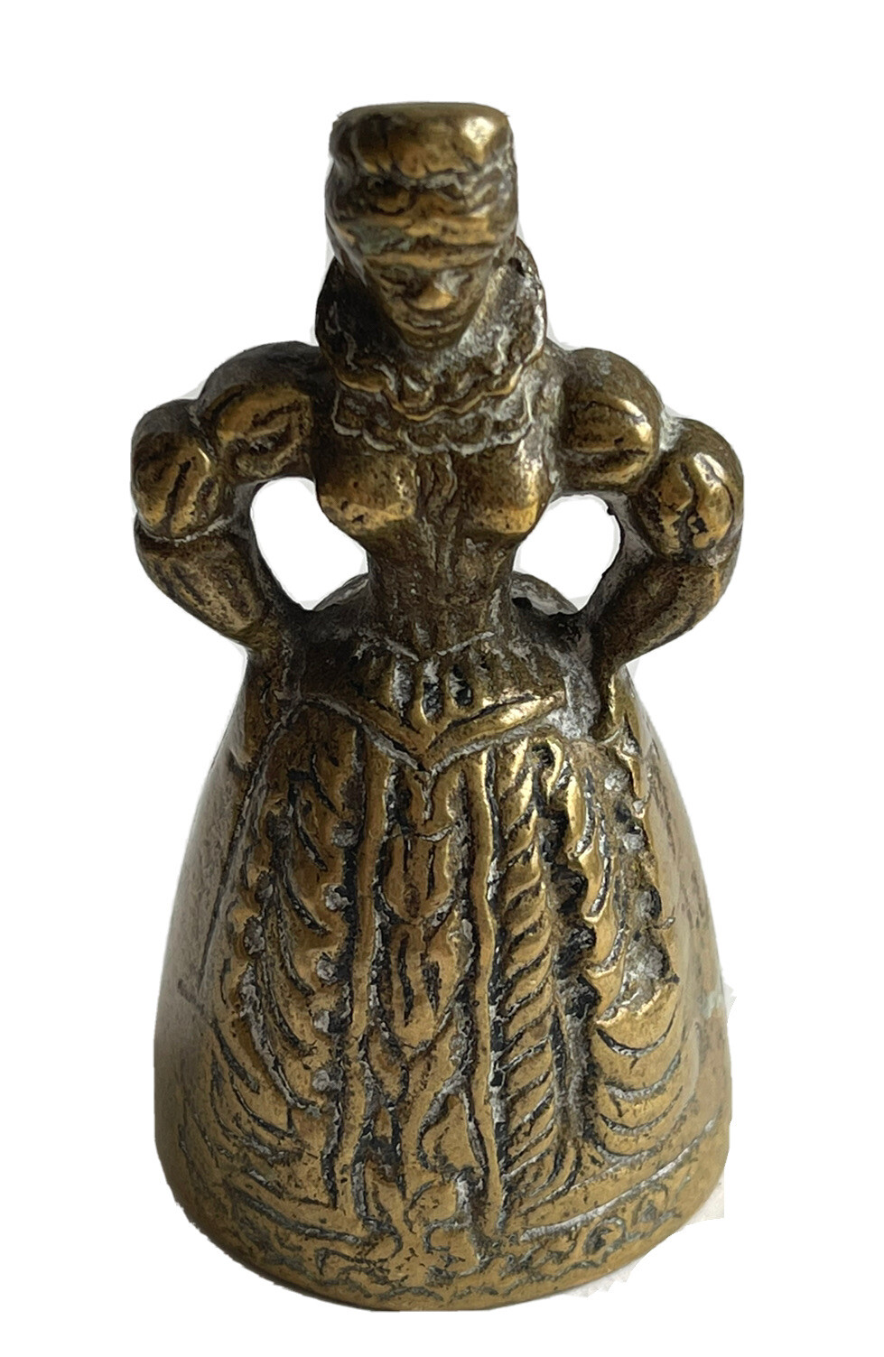 Vintage Brass Bronze Metal Elizabethan Lady Bell Figurine Leg Clappers 3 1/4”