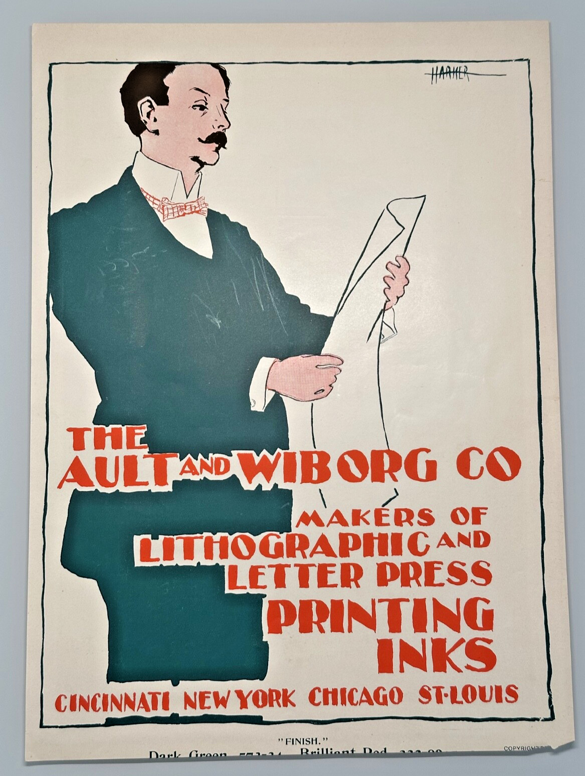 VINTAGE AULT & WIBORG PRINTING INKS ADVERT – MAN IN GREEN SUIT, RED TIE FP78