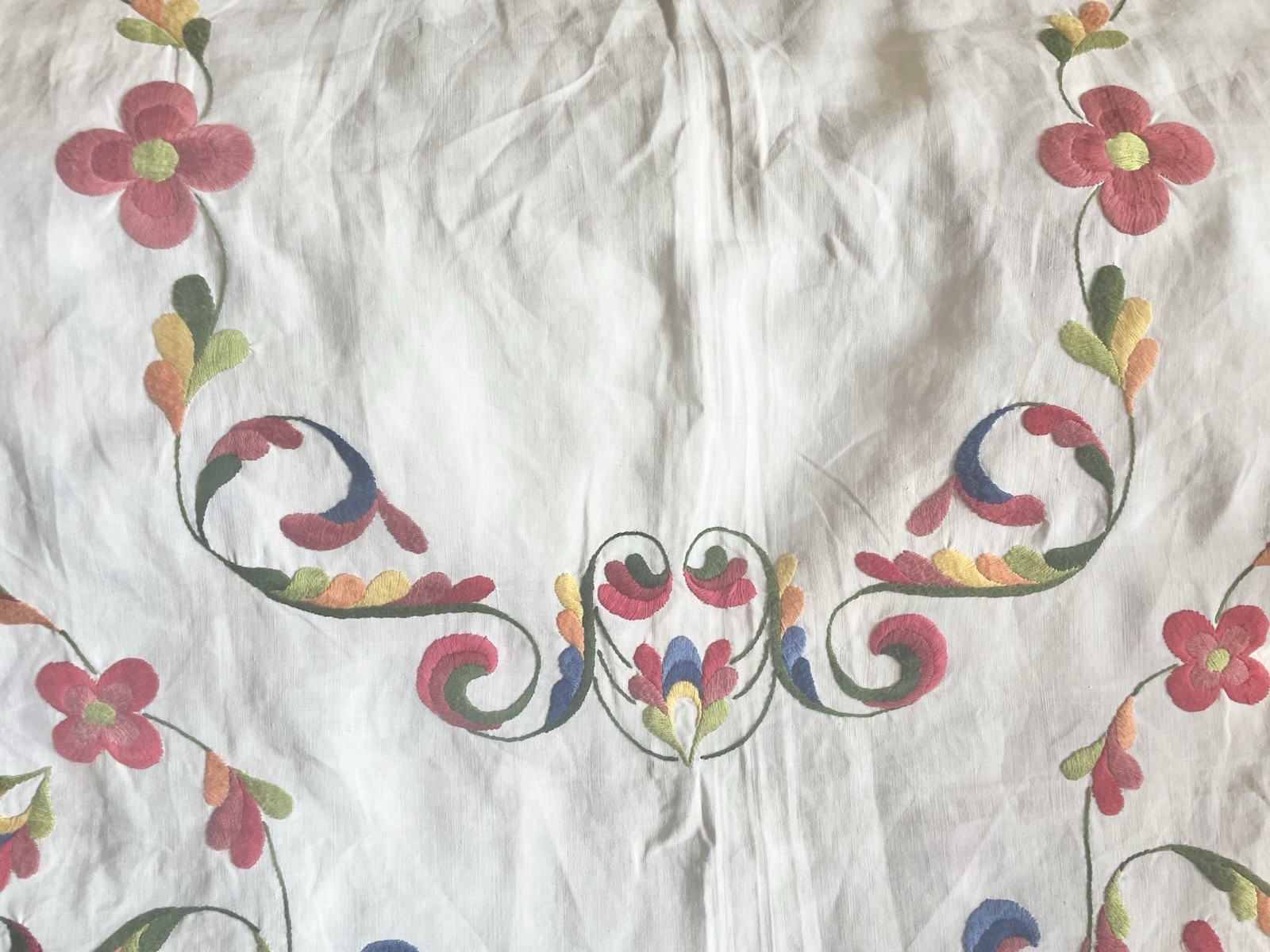 Vintage Embroidered Multicolor Tablecloth White Floral Scrolls 58×45 Flaw