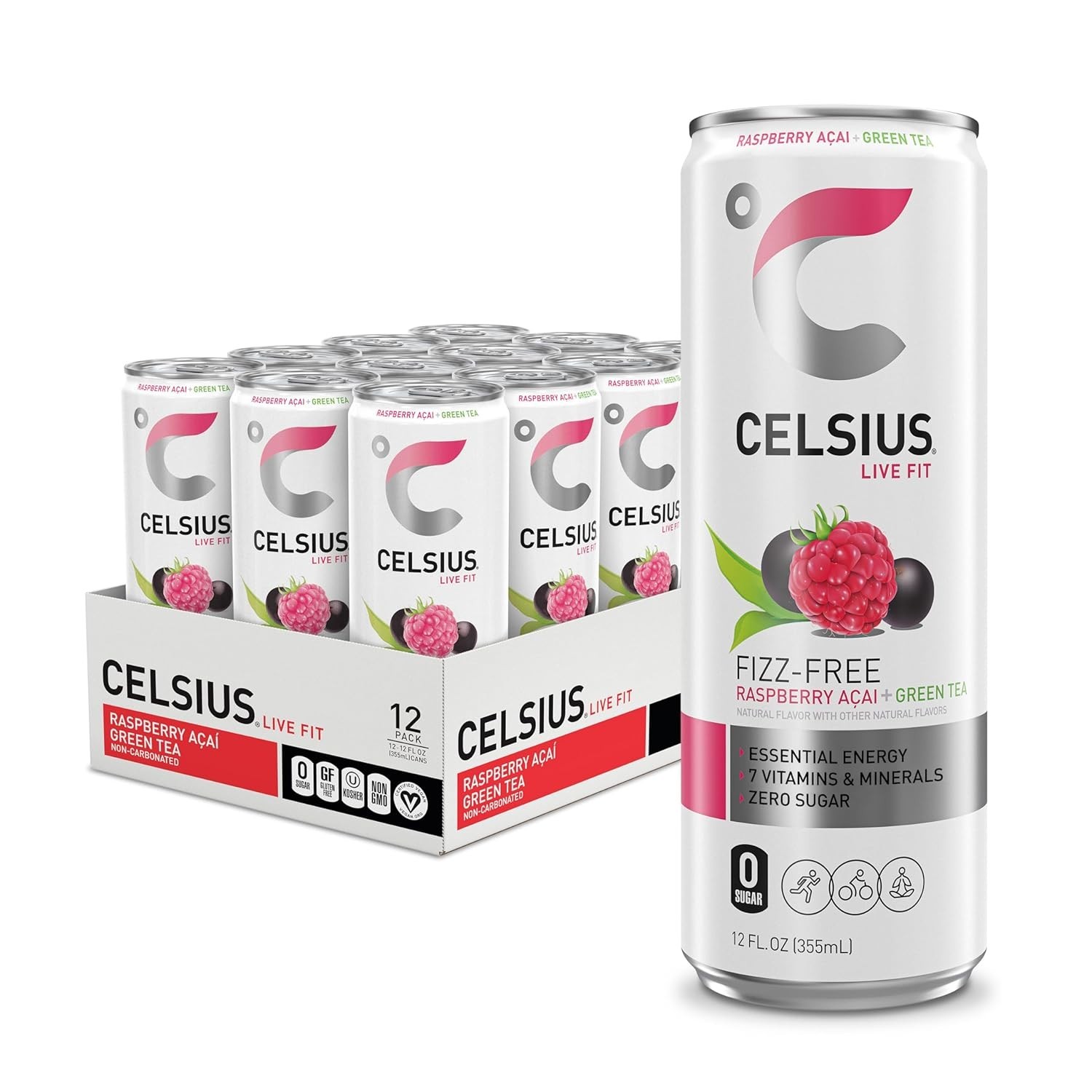 Ultimate Pre-Workout Raspberry Acai Green Tea Energy Drink – 12 Pack of 12 Fl Oz