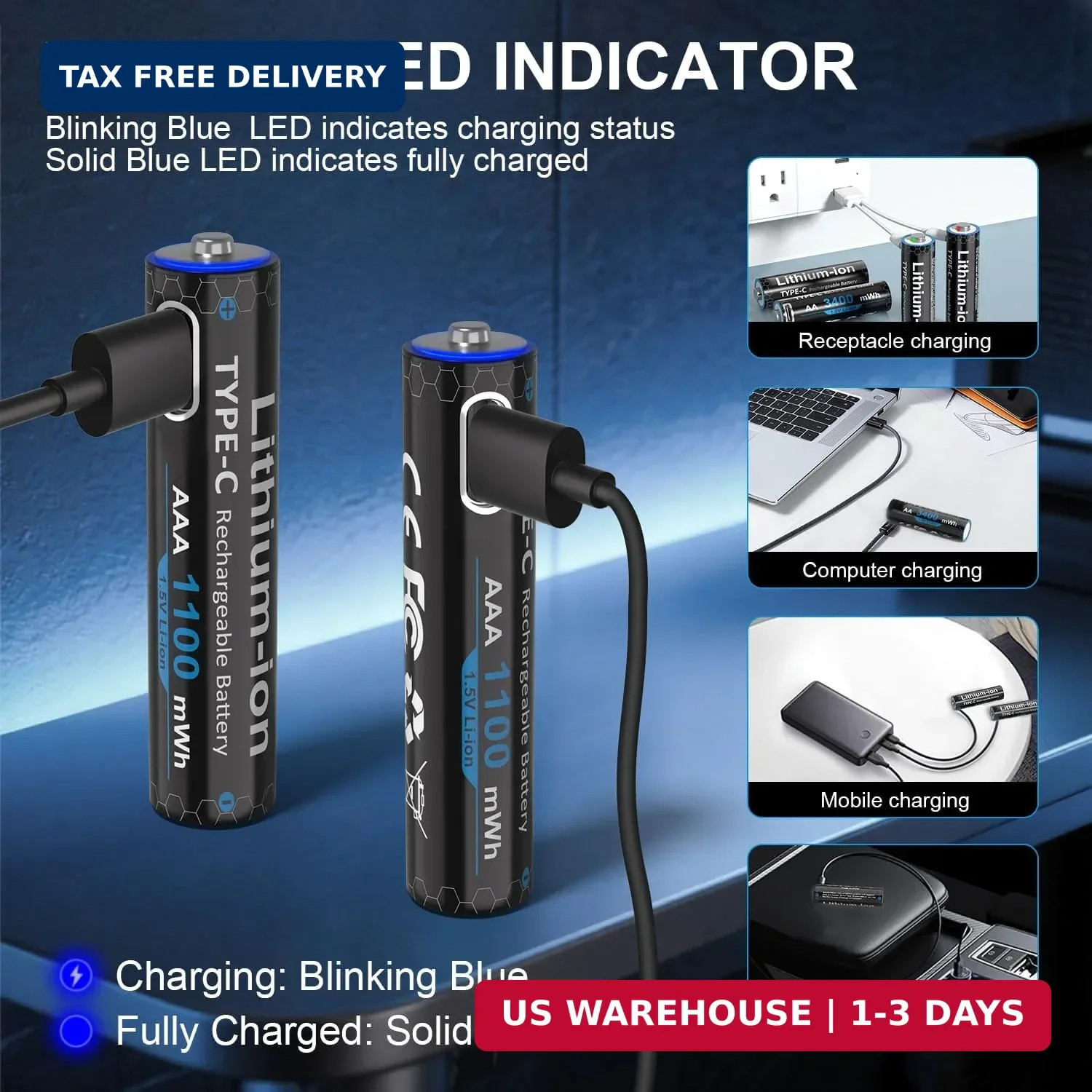 USB Rechargeable AAA Lithium Batteries 1100mWh (4-Pack, 1.5V), Triple A Batterie