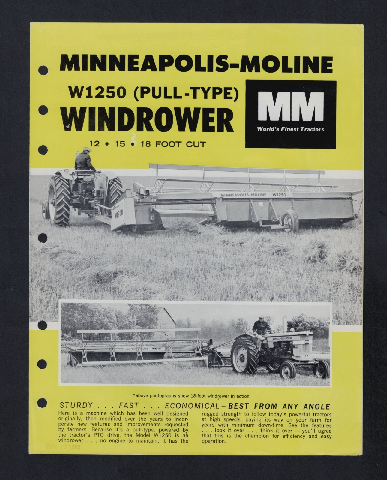 MINNEAPOLIS-MOLINE W1250 [PULL-TYPE] WINDROWER 4 PAGE BROCHURE A-74 [3-65]