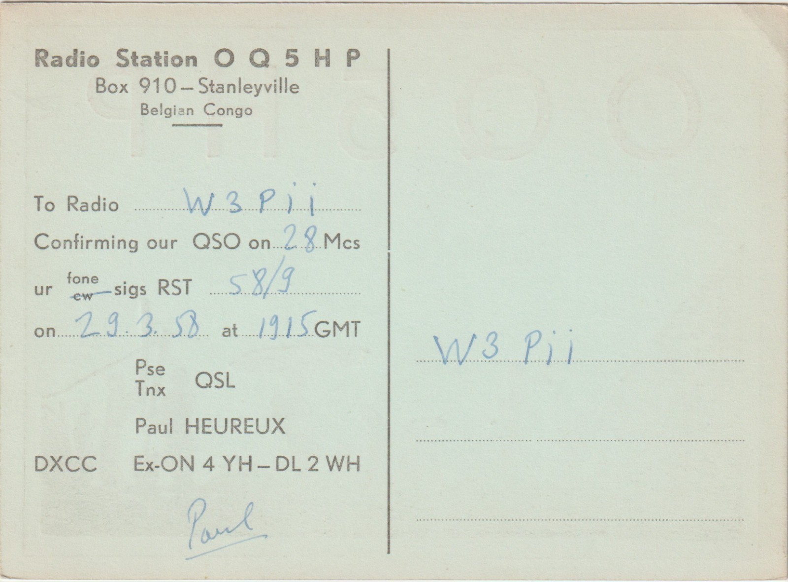 OQ5HP Stanleyville, Congo Belge (Kisangani) QSL Radio Postcard 1958