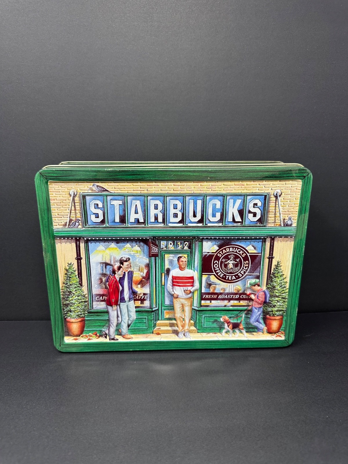 STARBUCKS Vintage 1999 Cookie Tin Box Coffee House Replica of 1st Store K5