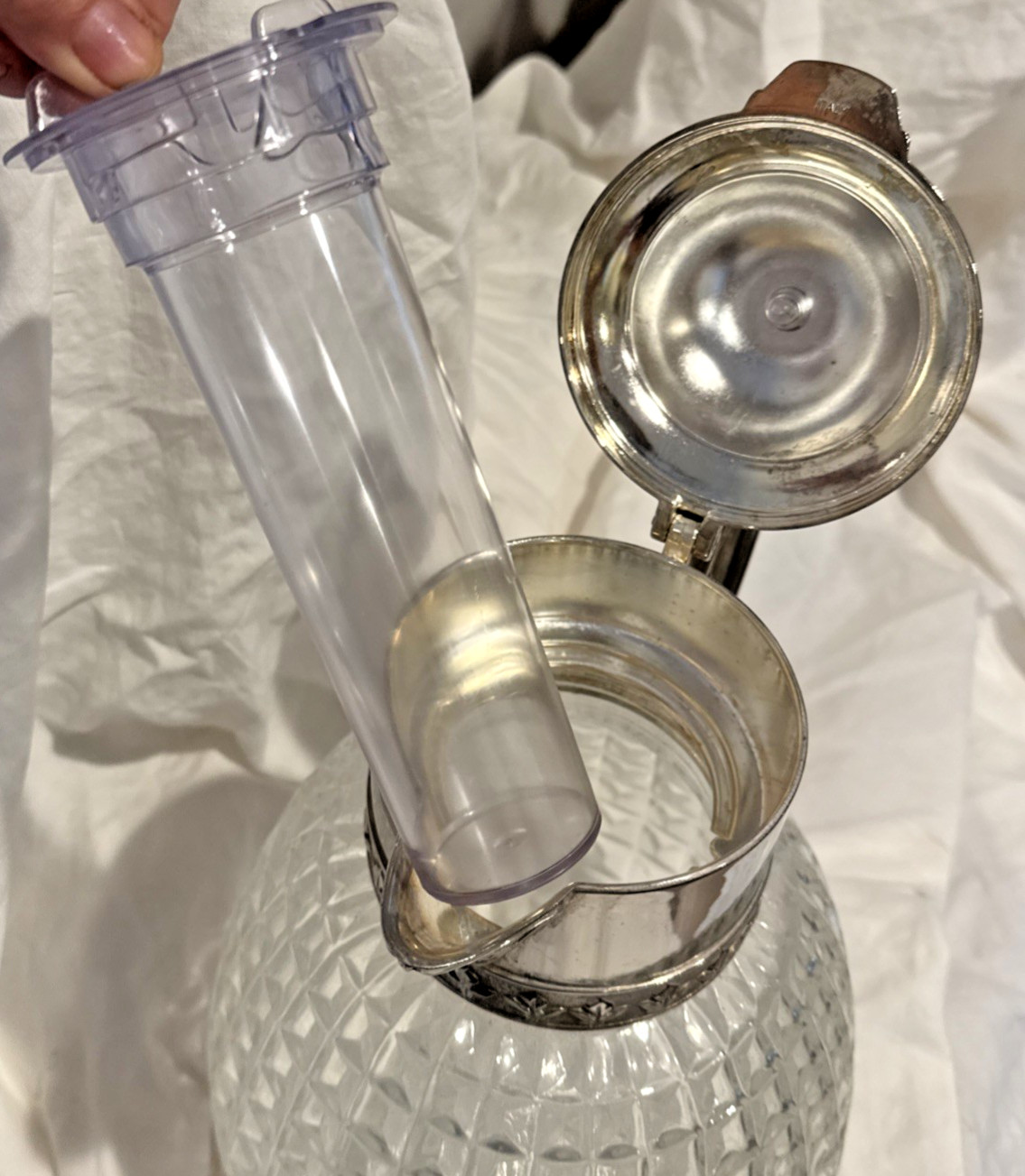 Vintage Beverage Pitcher Pressed Glass Embossed Silver Plate Ice Cube Tube Italy