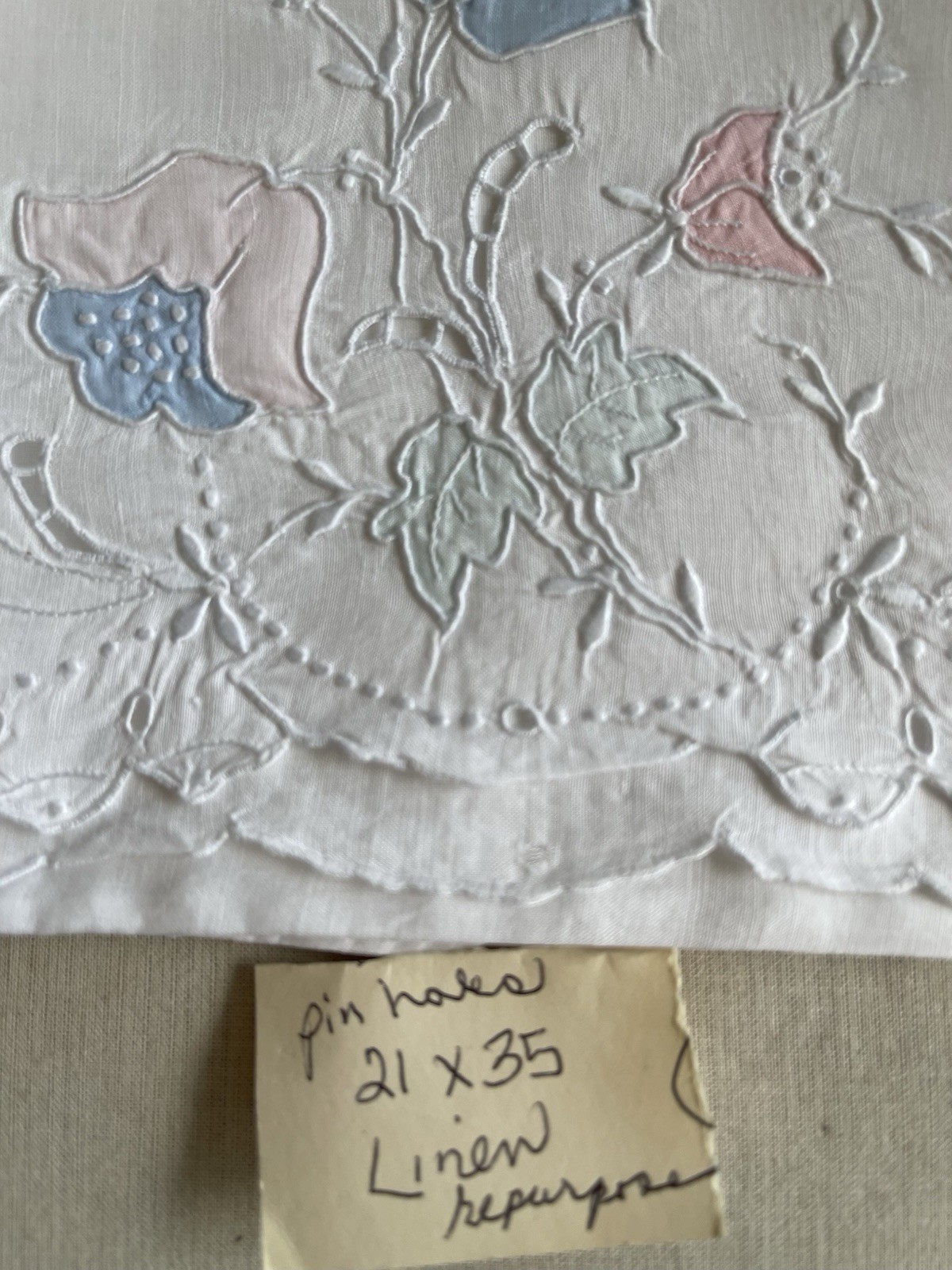 Fine Linen Hand Em Floral As Is Pillowcase Fabric Textile Fragment Antique Vint