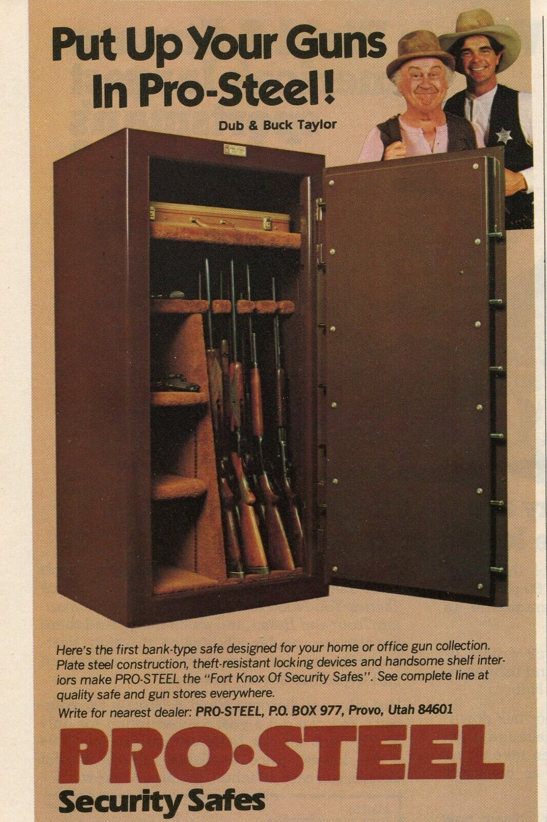 1980 small Print Ad of Pro-Steel Gun Safe w Dub & Buck Taylor