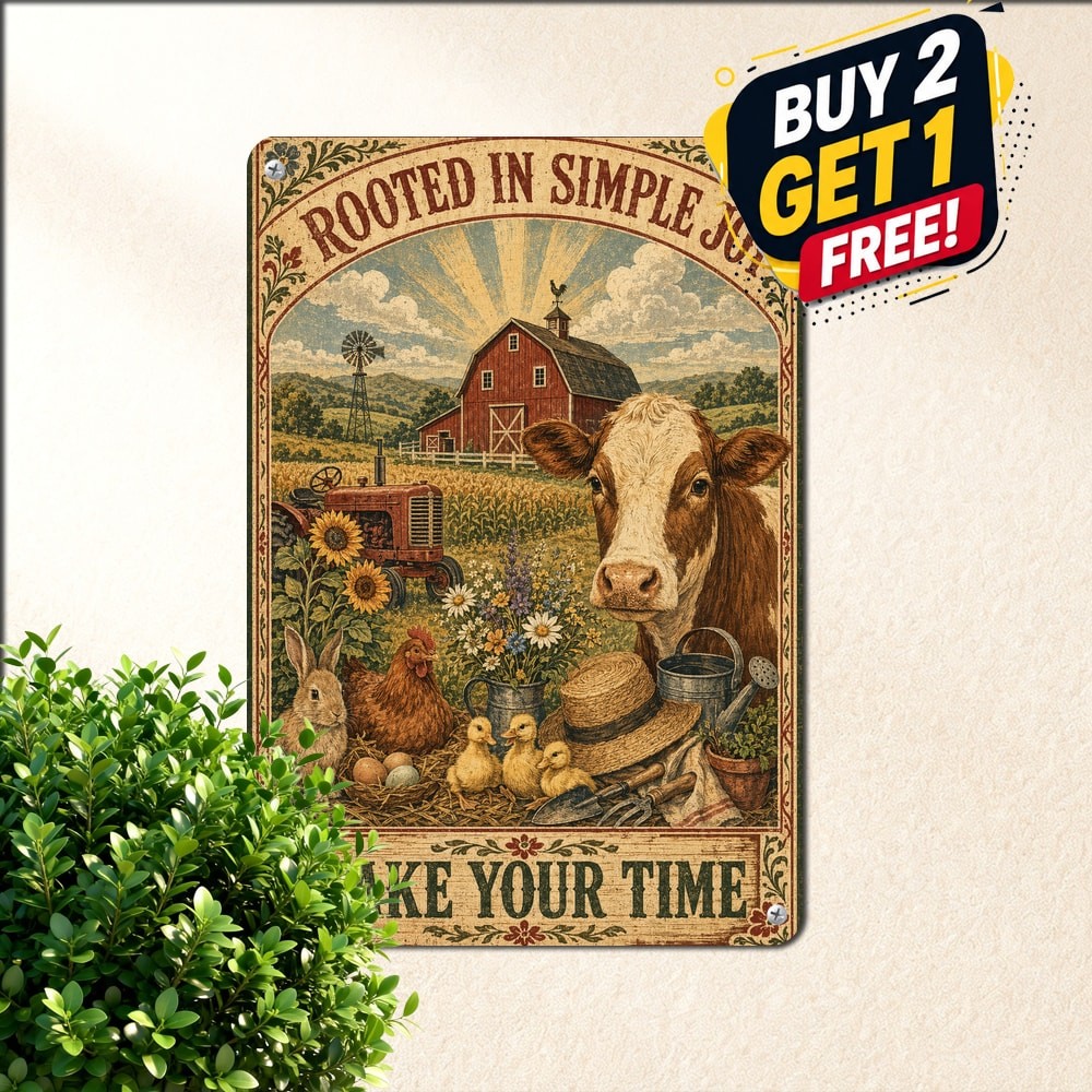 Cow Barn Countryside Illustration Farmhouse Motivational Vintage Metal Sign