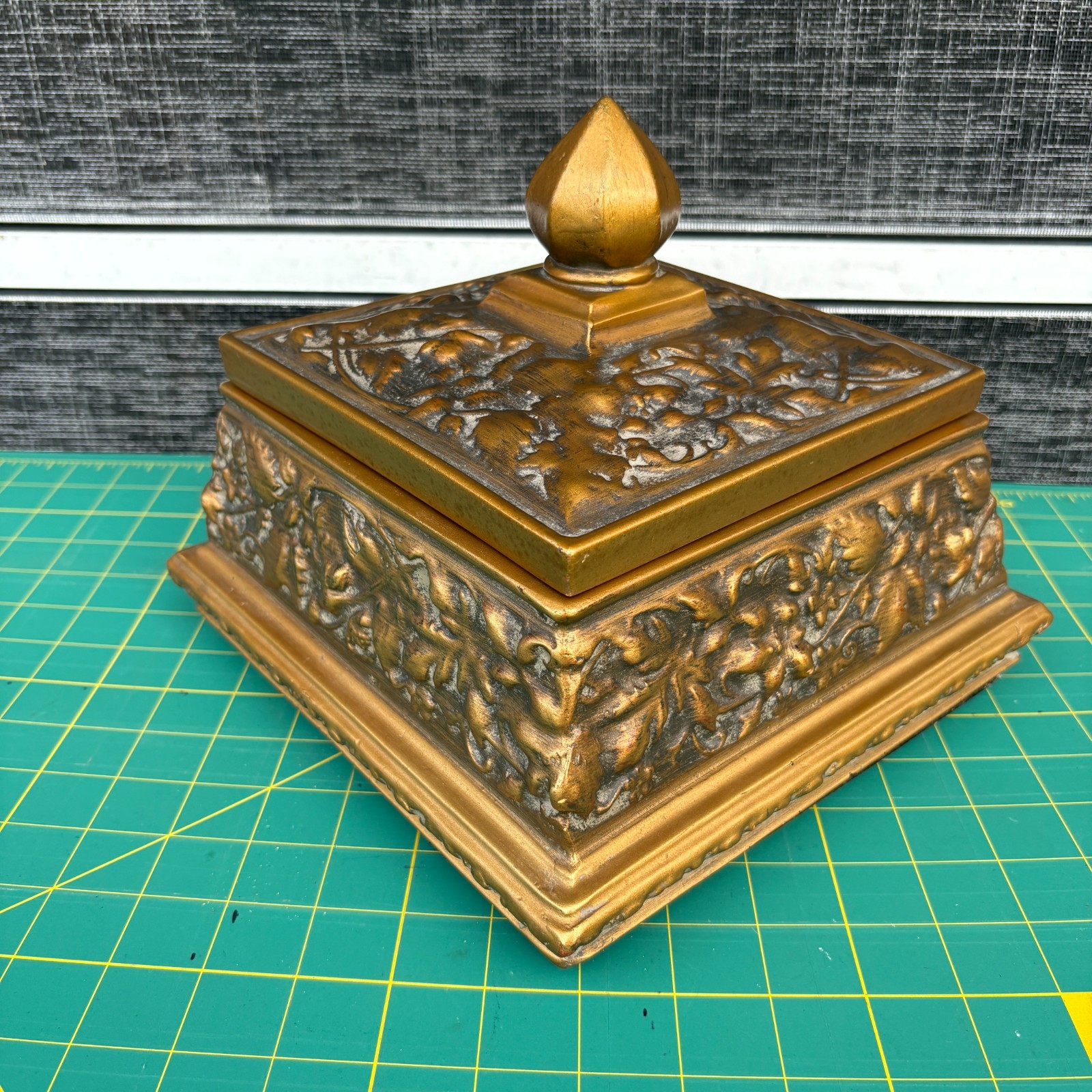 Ornate Gold Trinket Box 9’5″ x 9’5″ Square Resin Black Velvet Lined