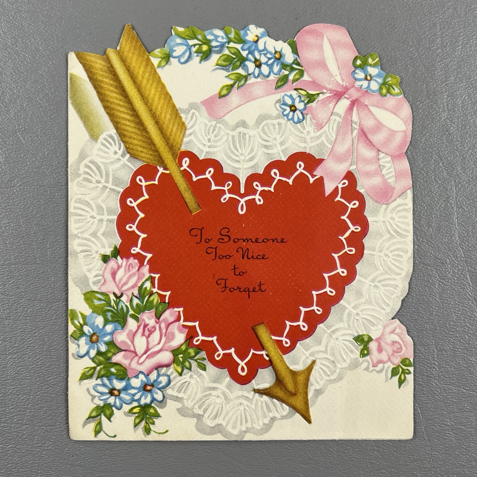 Vintage Valentine Greeting Card Die Cut Heart Arrow Pink Roses Bows A Meri Card