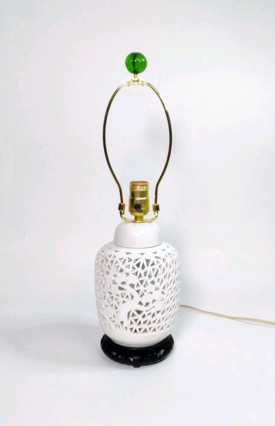 Single Blanc de Chine Reticulated Porcelain Ginger Jar Lamp Cherry Blossom Vtg
