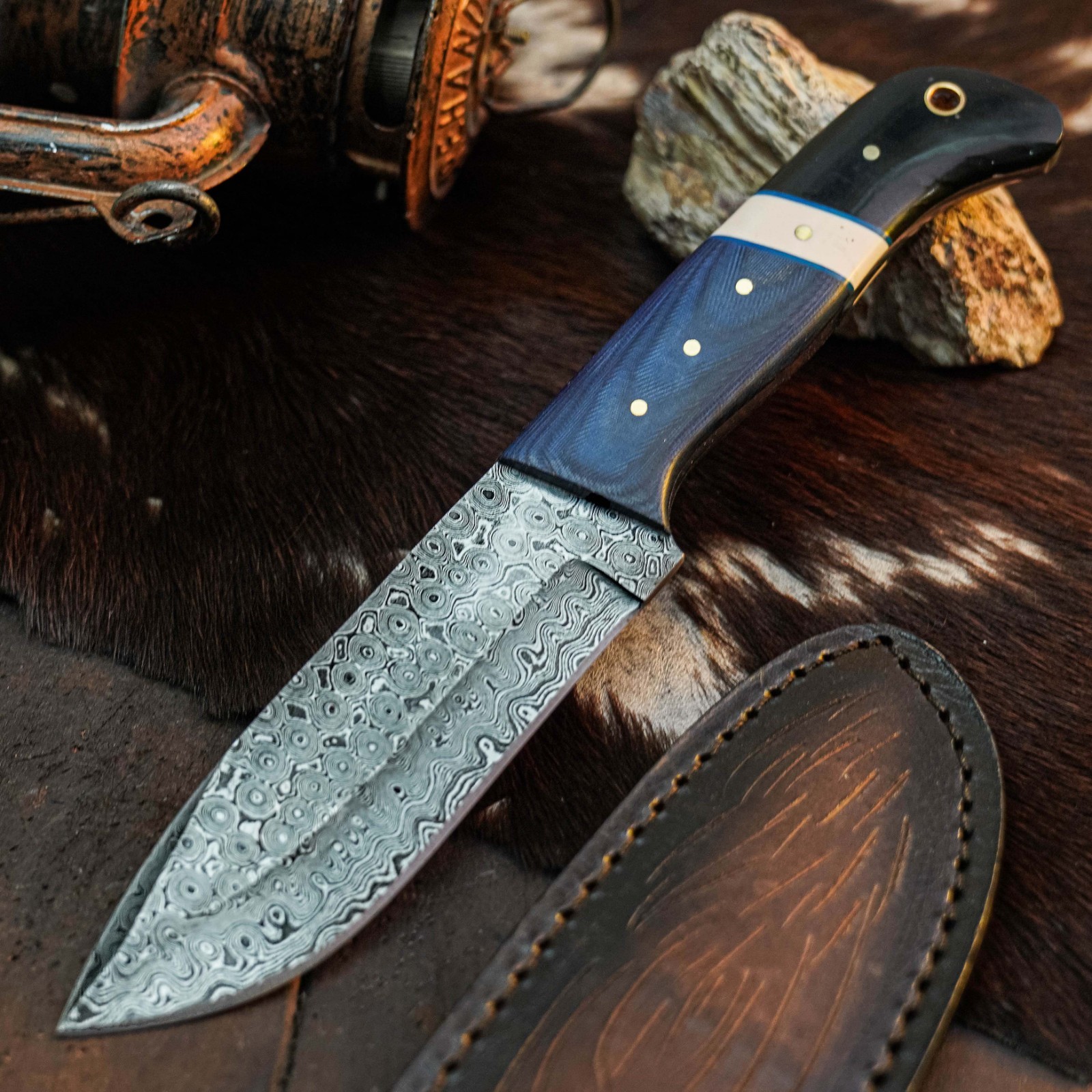 8.7″ Drop Point Skinner Knife Damascus Steel Hunting Full Tang Hybrid Handle