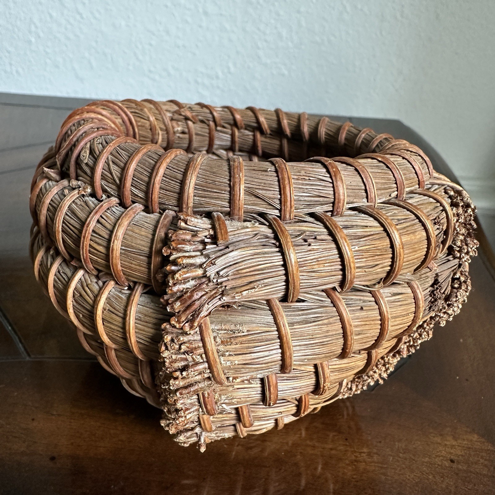 Vintage Handcrafted Coiled Brown Pine Needle Basket 4.25 Inch Knobby Textured
