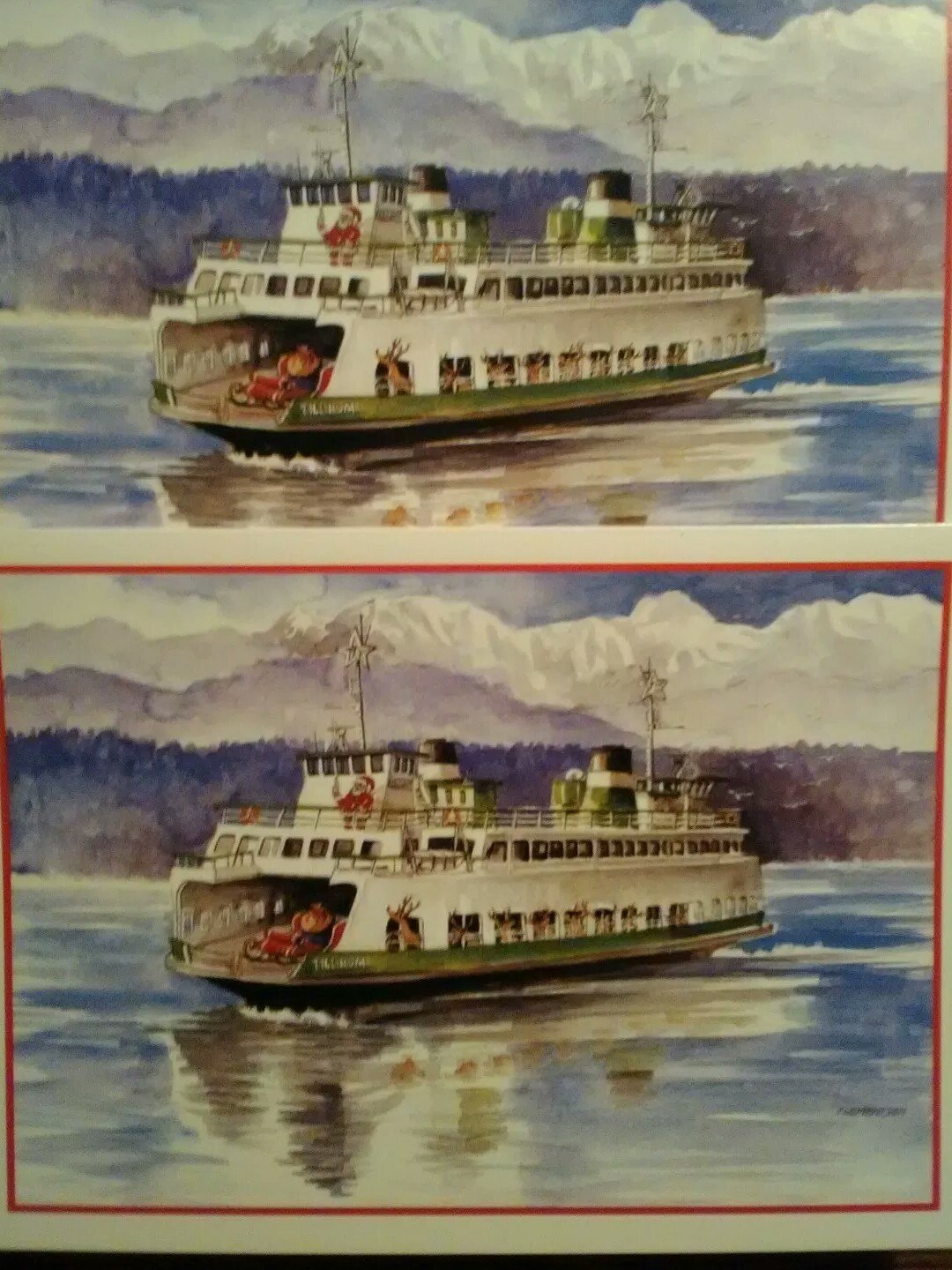 Lot of 2 PUGET SOUND FERRY CHRISTMAS CARDS THE PACIFIC NORTHWEST WATERCOLORS