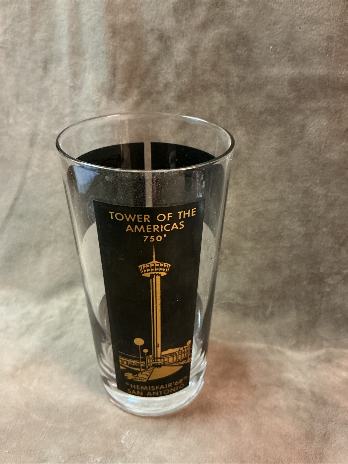 Vintage 1968 Hemisphere San Antonio Texas clear Tumblr with black and gold decor