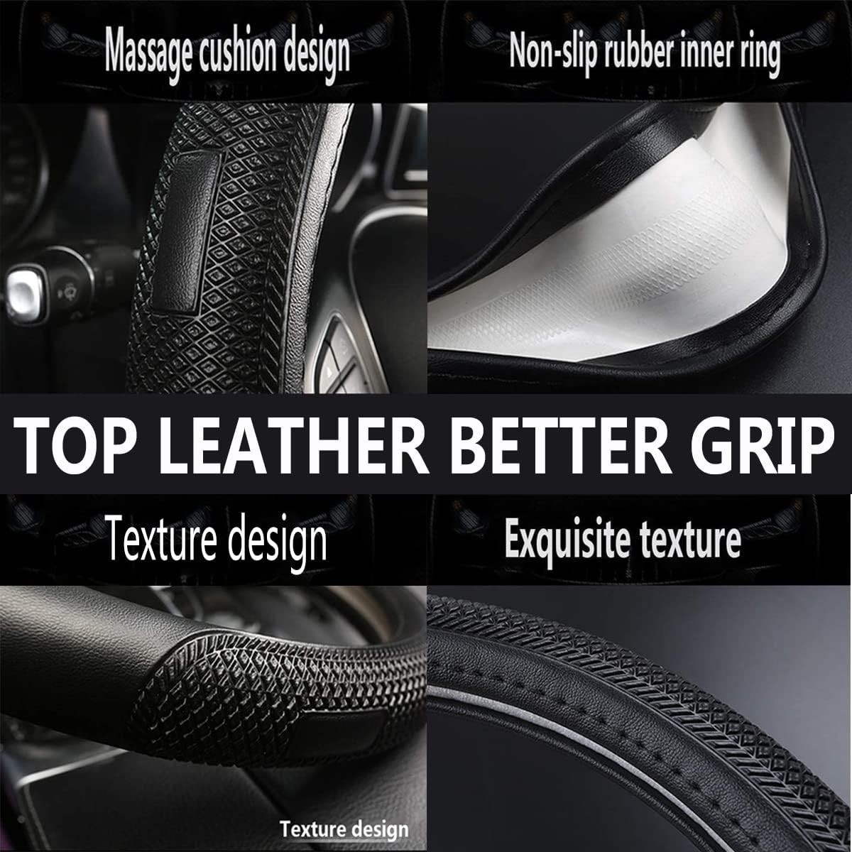 D Shape Steering Wheel Cover,Universal 14.5-15 Inch Car Black Leather Steerin…