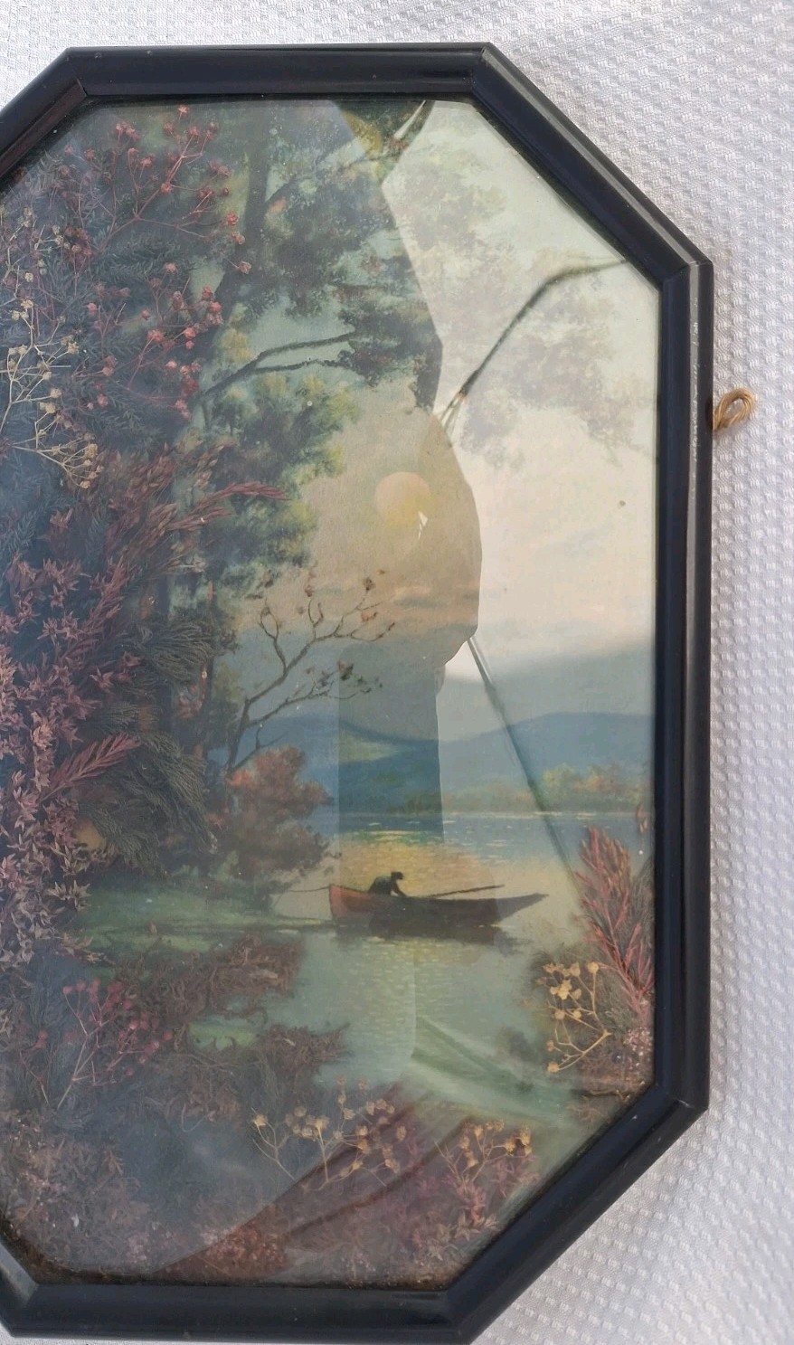 Vintage OLD Convex Curved Glass Octagon Picture Frame Floral Detail Black Metal