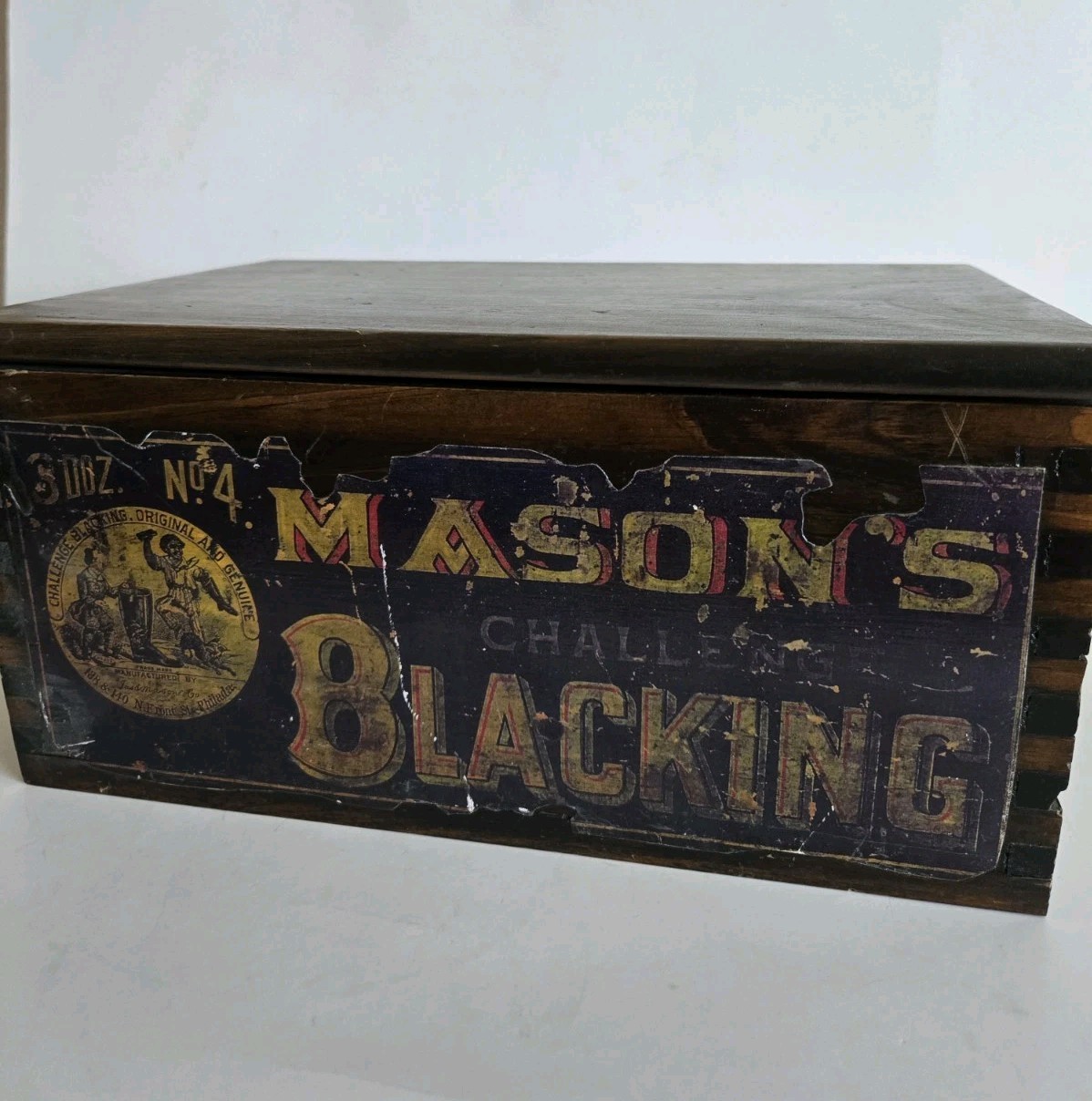 Antique Mason’s Challenge Blacking Wood Box Shoe Polish Advertising Mirror Label