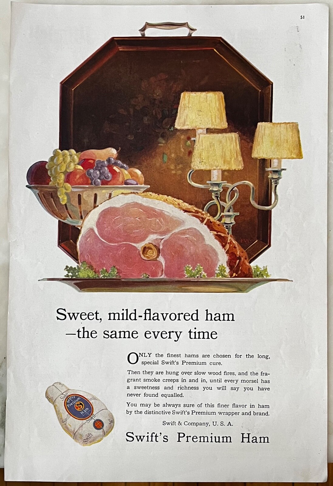 1919 magazine ad for Swift’s Premium Ham – Sweet, mild flavored ham, every time