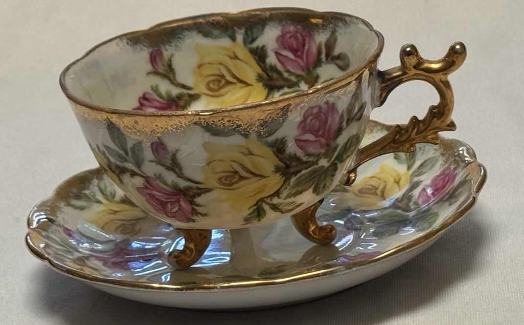Teacup Saucer Roses Hand Painted Yellow Pink Gold Luster Fan Crest Japan – 1977