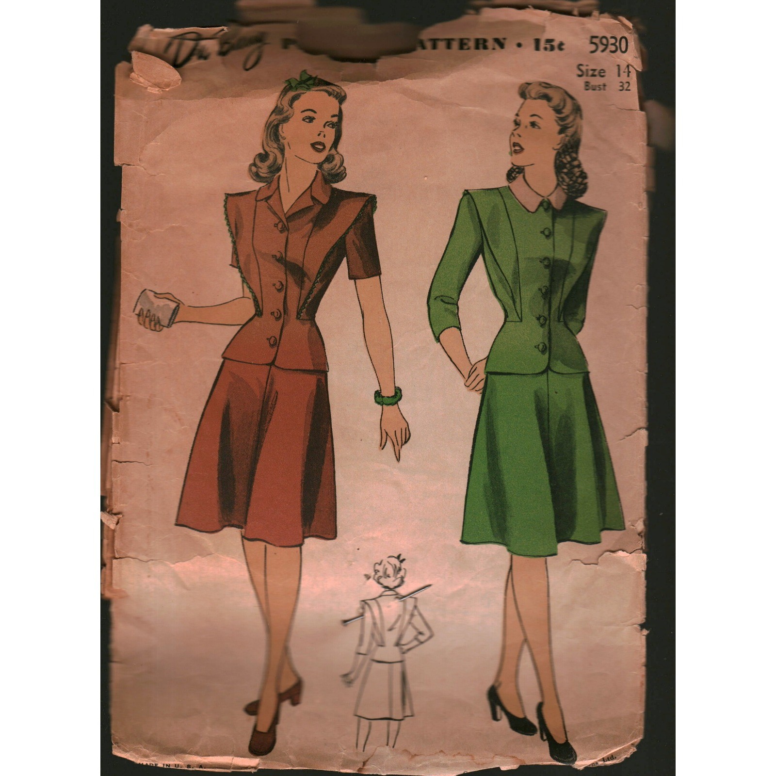 Vintage 1940s Du Barry 5930 Sewing Pattern Two Piece Dress Skirt Suit Bust 32 14