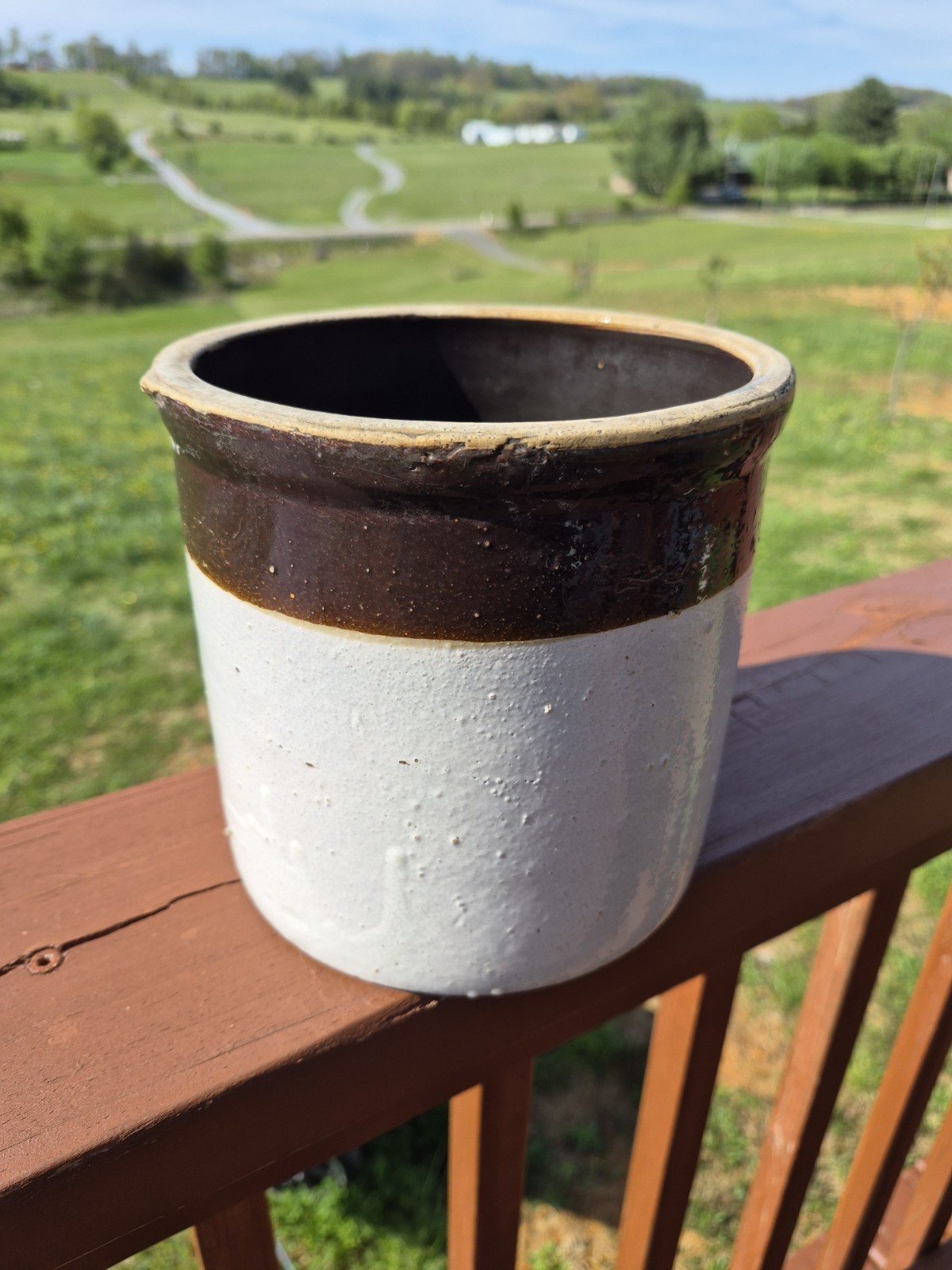 Antique Small 2 Tone Brown White Crock Farmhouse Granny Core