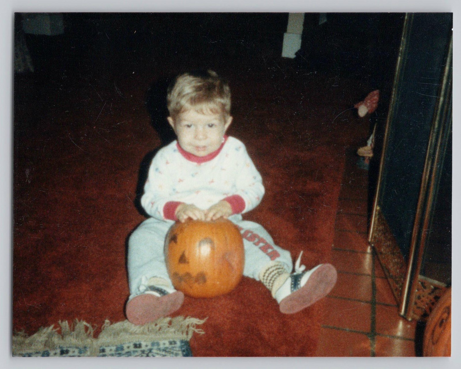 Vintage 1980s Cute Little Boy & Halloween Jack-O-Lantern Pumpkin Found Photo