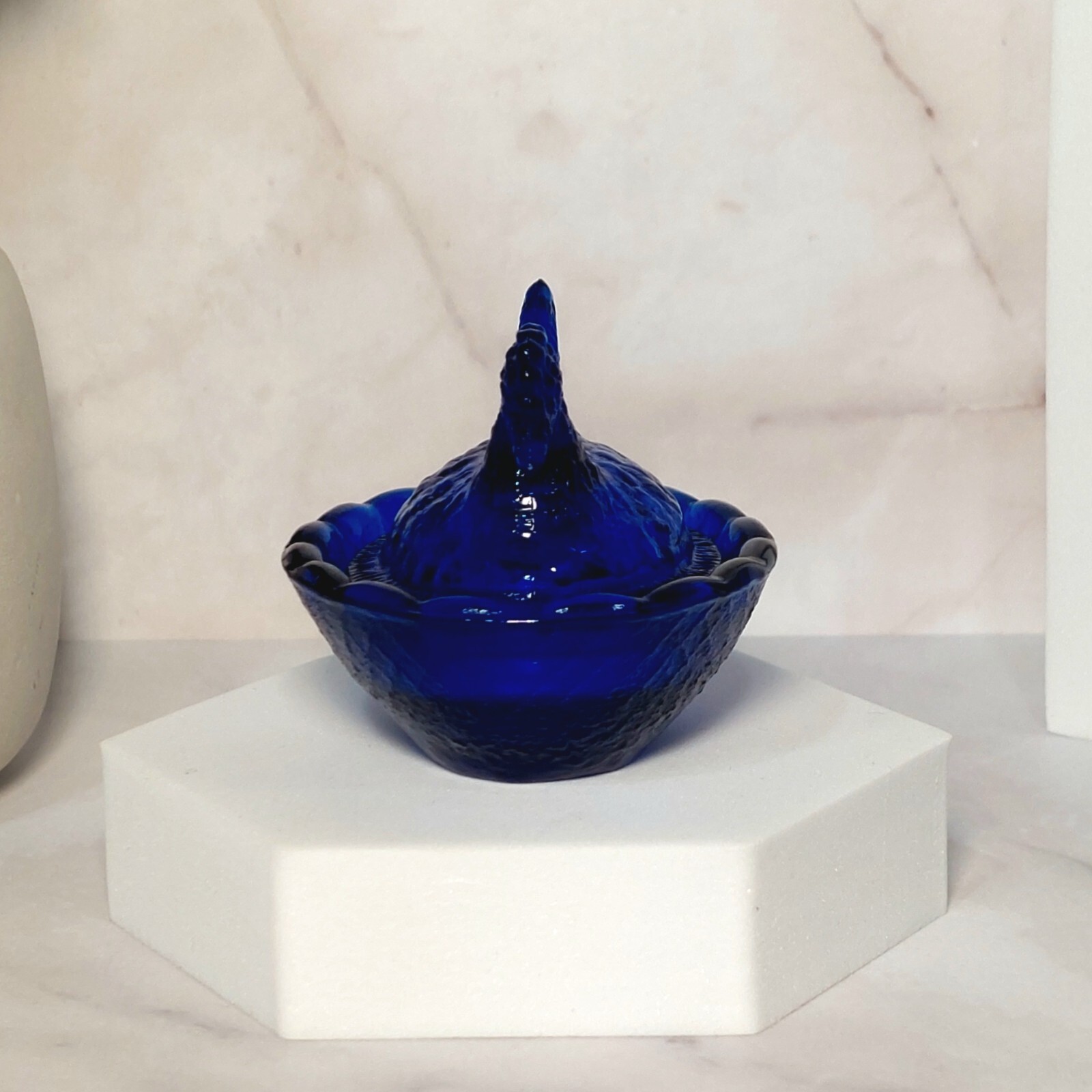 2 Hen on Nest Mini Chicken Salt Dish, Cobalt Blue Depression Style Glass Kitchen
