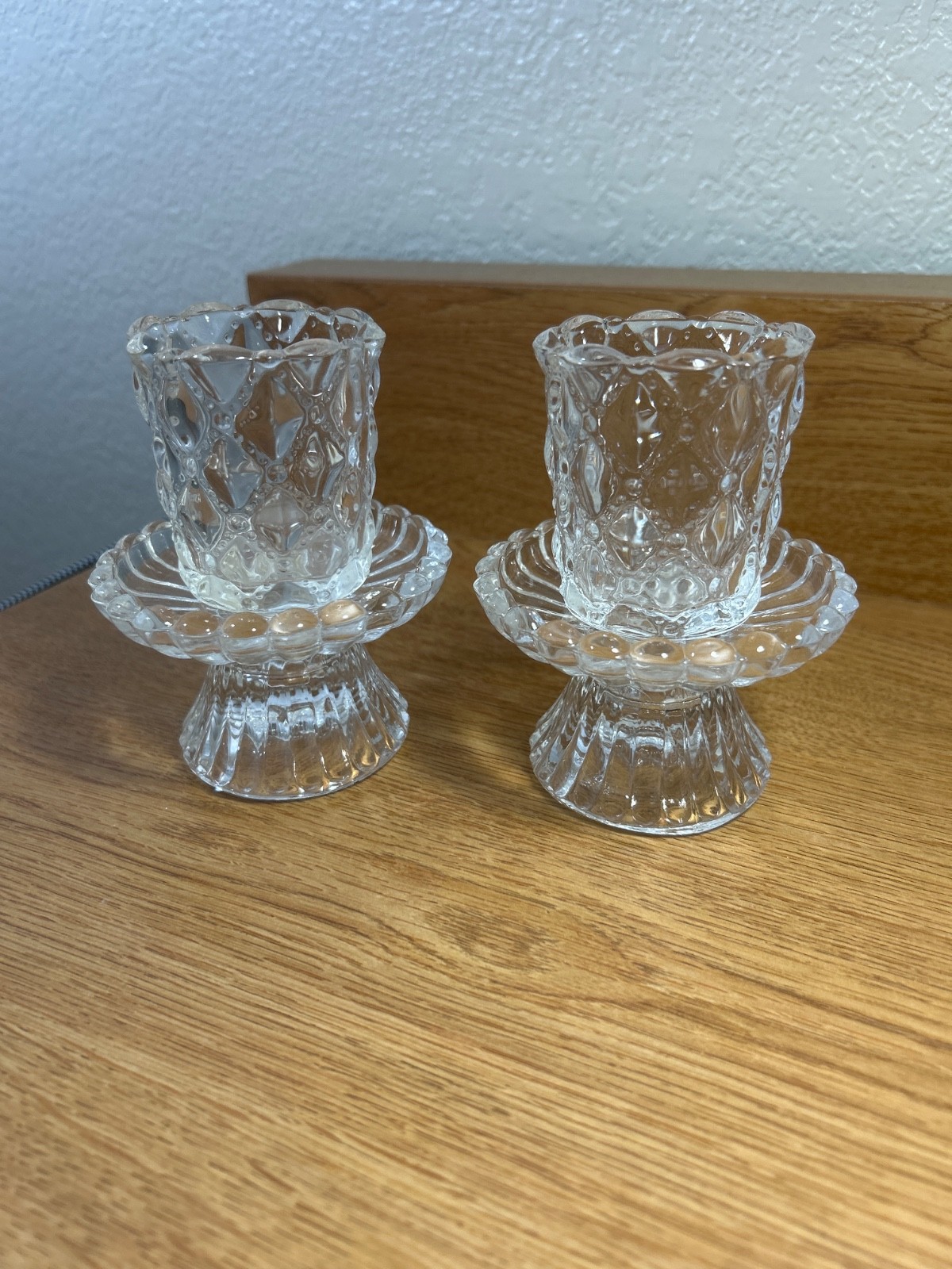 Vintage 1990s PartyLite Quilted Crystal Votive Candle Holder 2 Pc Set #P9246