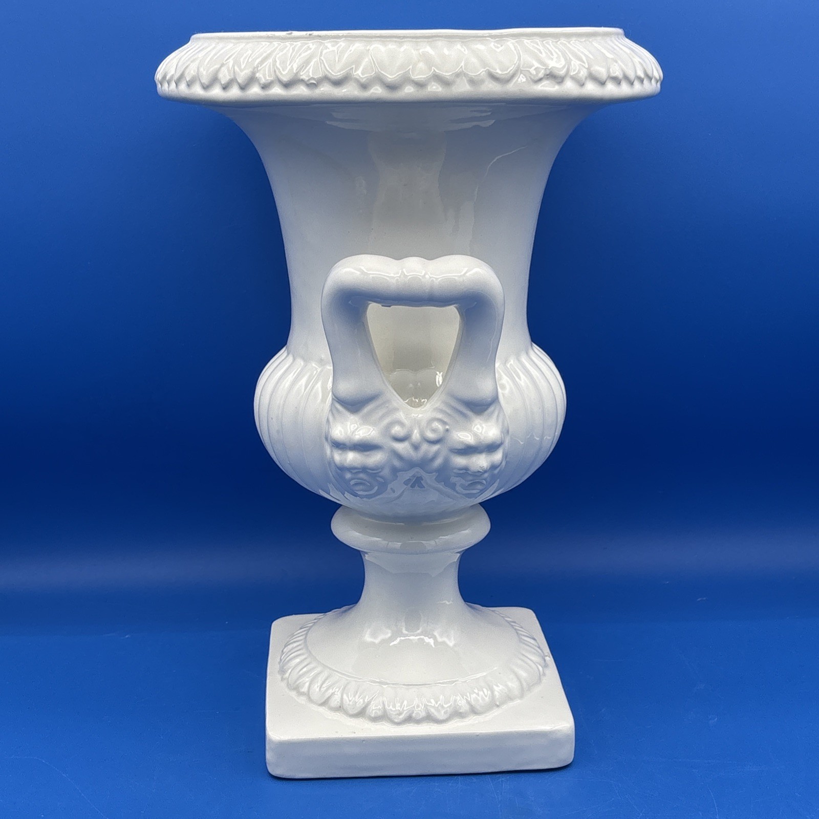 Neo Classical Style Ceramic Urn Planter Vase Double Handle Lion Heads Italy 12”