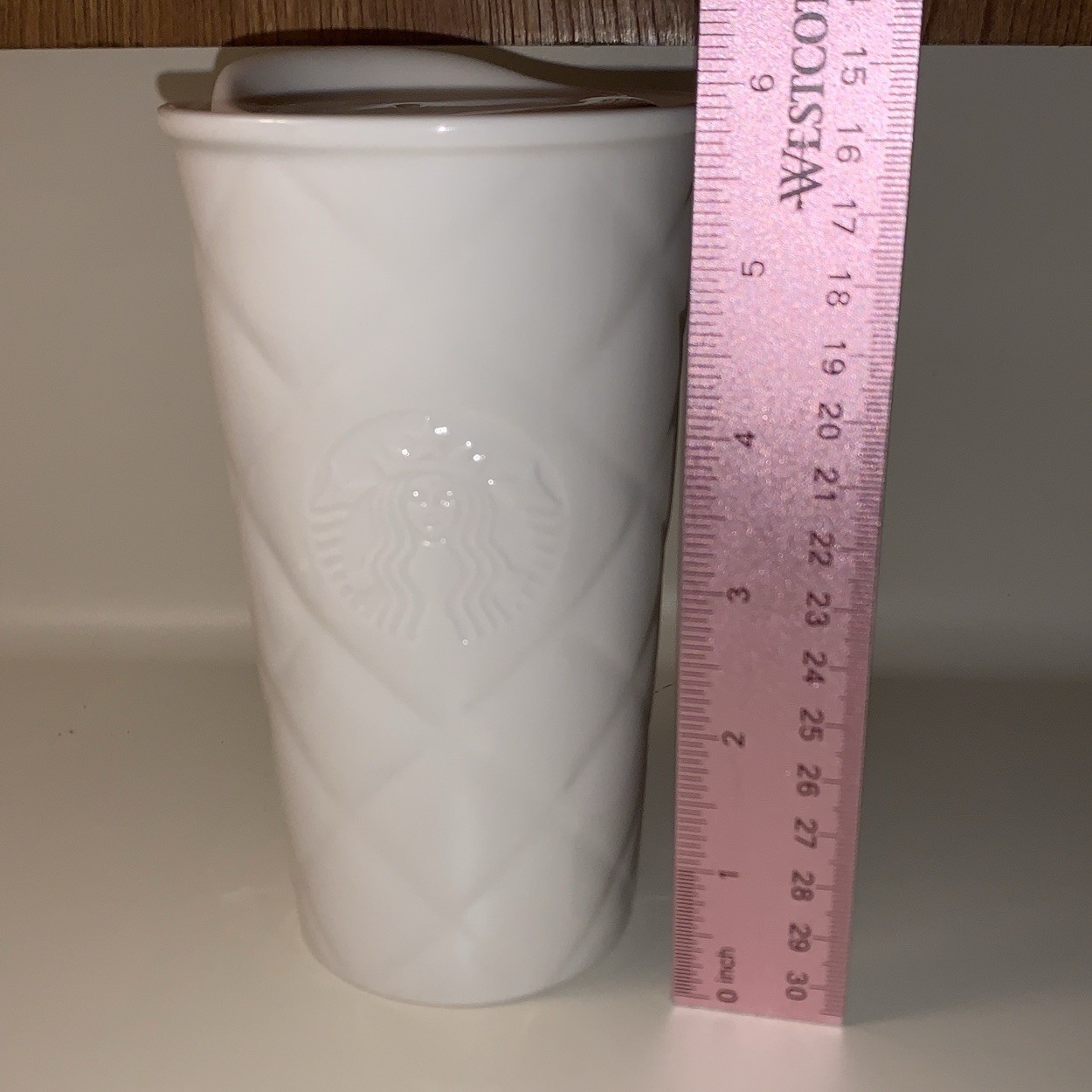 Starbucks Ivory Ceramic Tumbler w Lid Quilted Embossed Pattern Siren 2012