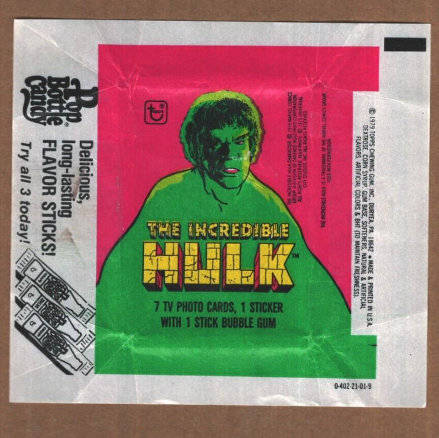 INCREDIBLE HULK 1979 Topps Wax Trading Card Wrapper Pop Bottle Candy Ad Empty