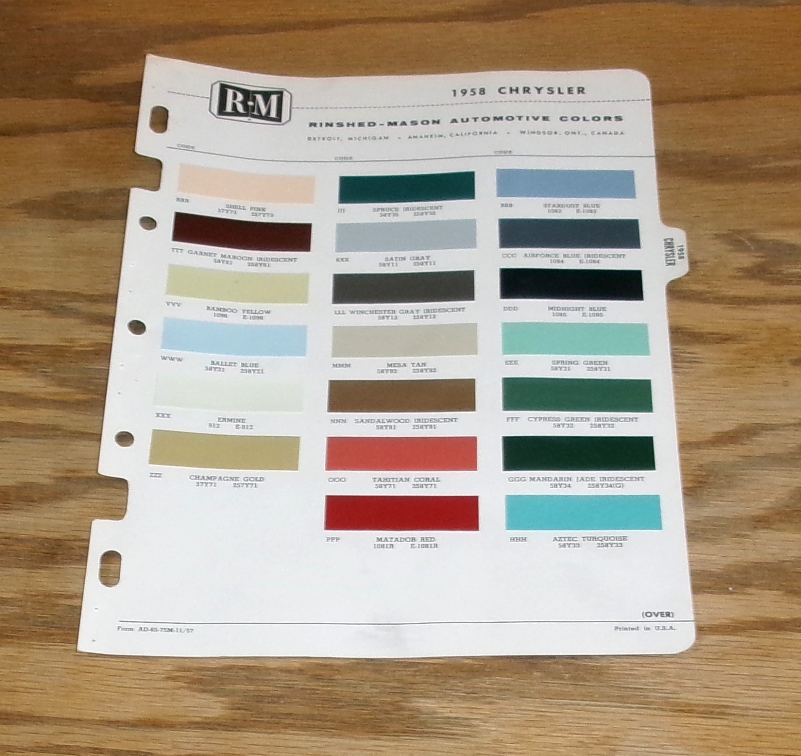 Original 1958 Chrysler Rinshed Mason Paint Color Chip Sales Sheet 58