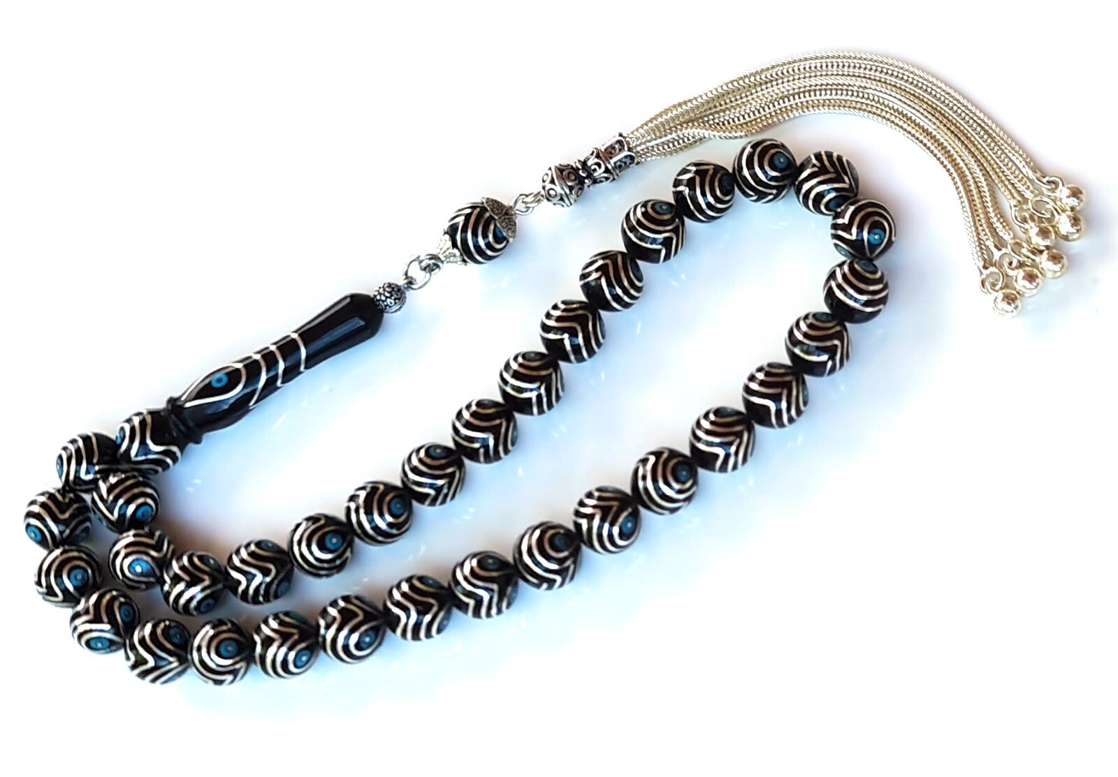 Erzurum Oltu, Turquoise & 1000K Silver Inlay Prayer Beads misbaha تسبيح Masbaha