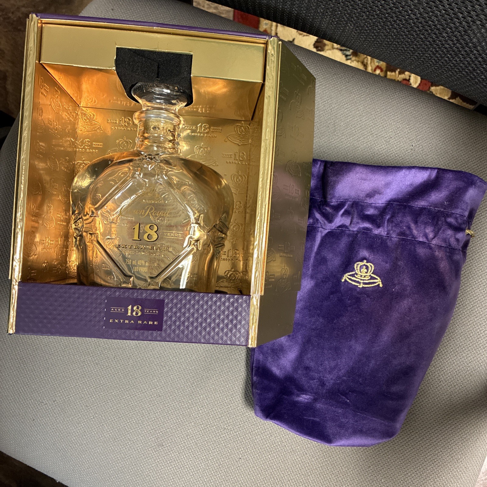 Crown Royal 18 Extra Rare 750 ML Reusable Bottle with Box & Bag EMPTY