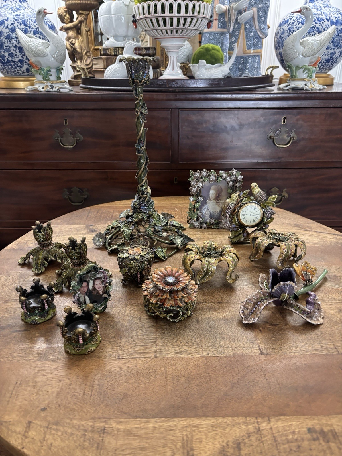 Pair Jay Strongwater Enamel Succulent Flower Candle Toppers Lid Swarovski 4.5″