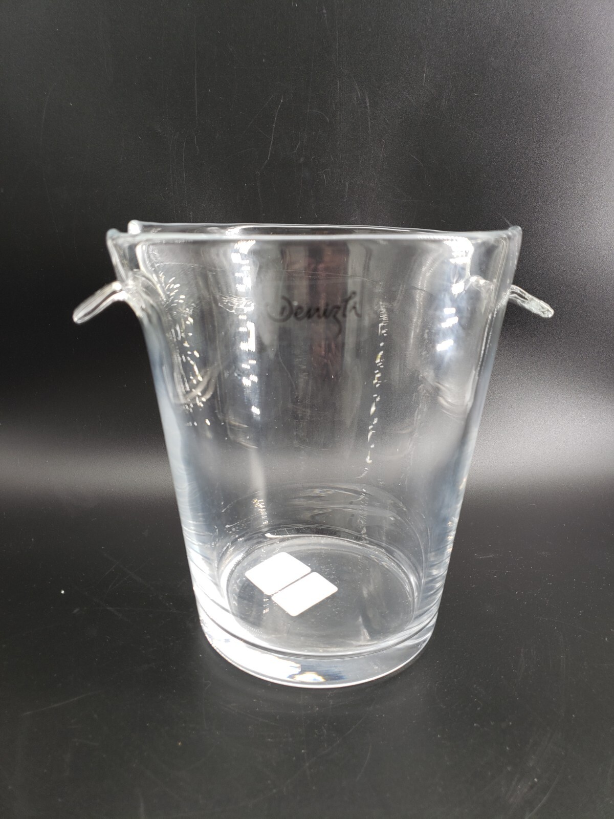 Denizli Art Glass Ice Bucket Modern Style with bent Glass Handles 8in tall 6.5in