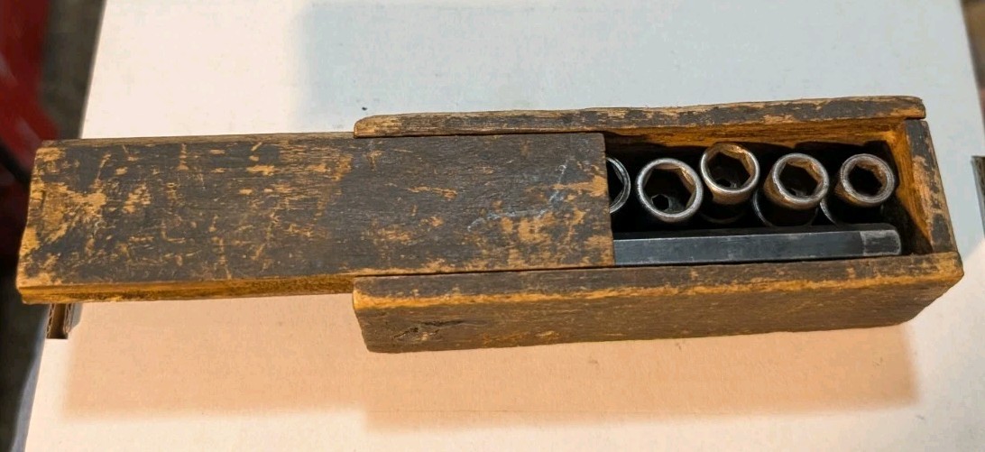 Antique Early 1900s Machined Steel Socket Set w/ Tommy Bar & Slide-Top Wood Box