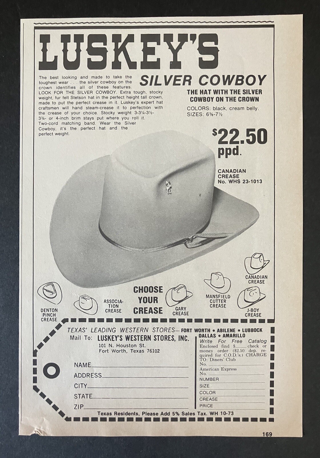1973 Luskey’s Silver Cowboy Hat Choose Your Crease B&W Vintage Print Ad
