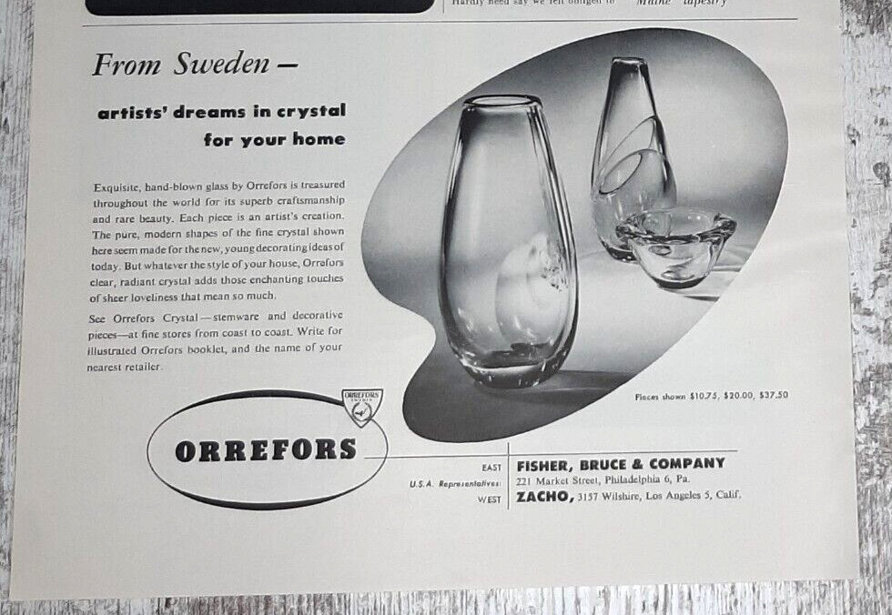 1953 Orrefors Crystal Vintage Print Ad Sweden Hand Blown Glass Stemware B&W