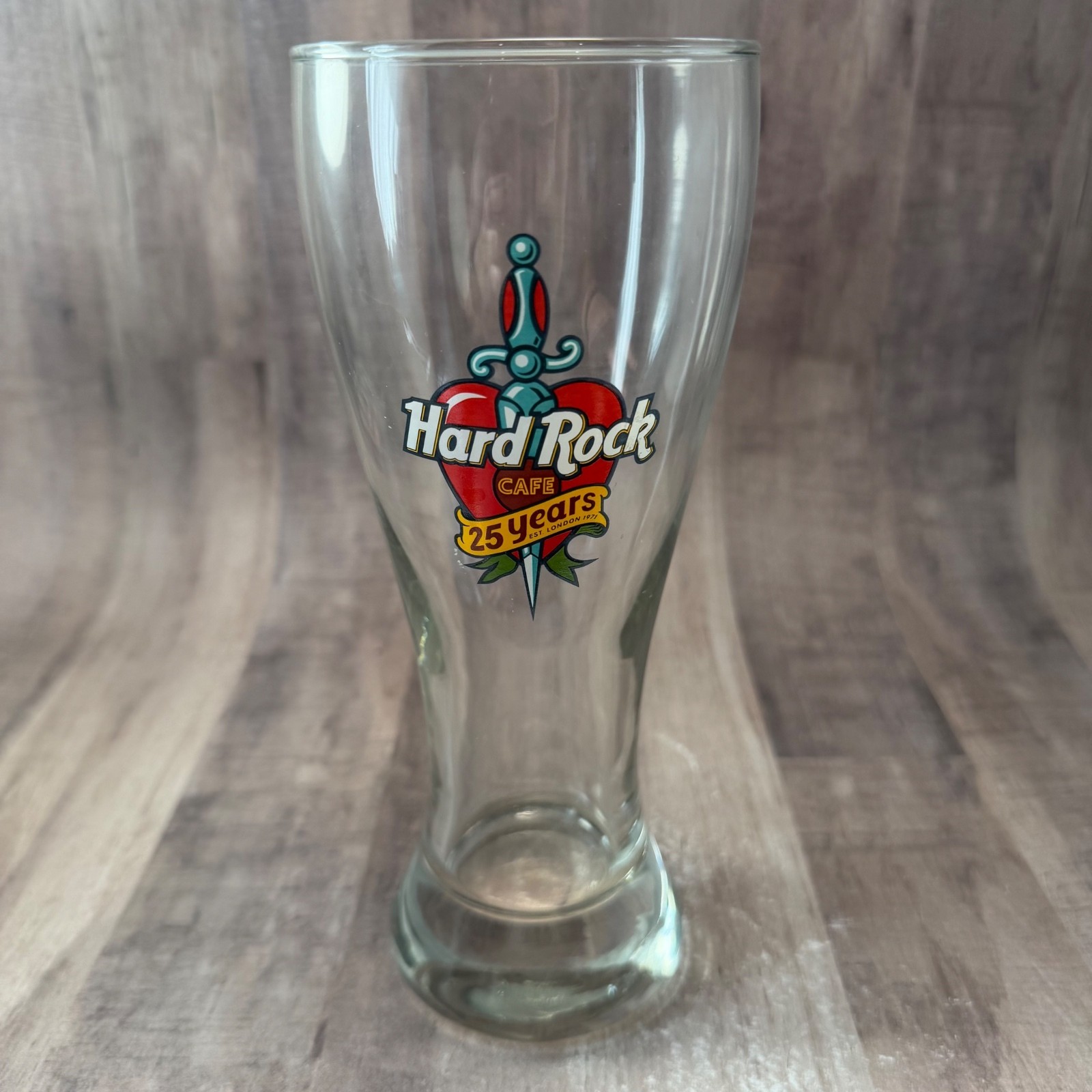 Vintage Hard Rock Cafe 25 Years Glass 1996 Tall Pilsner Glass 8 3/8″ Tall