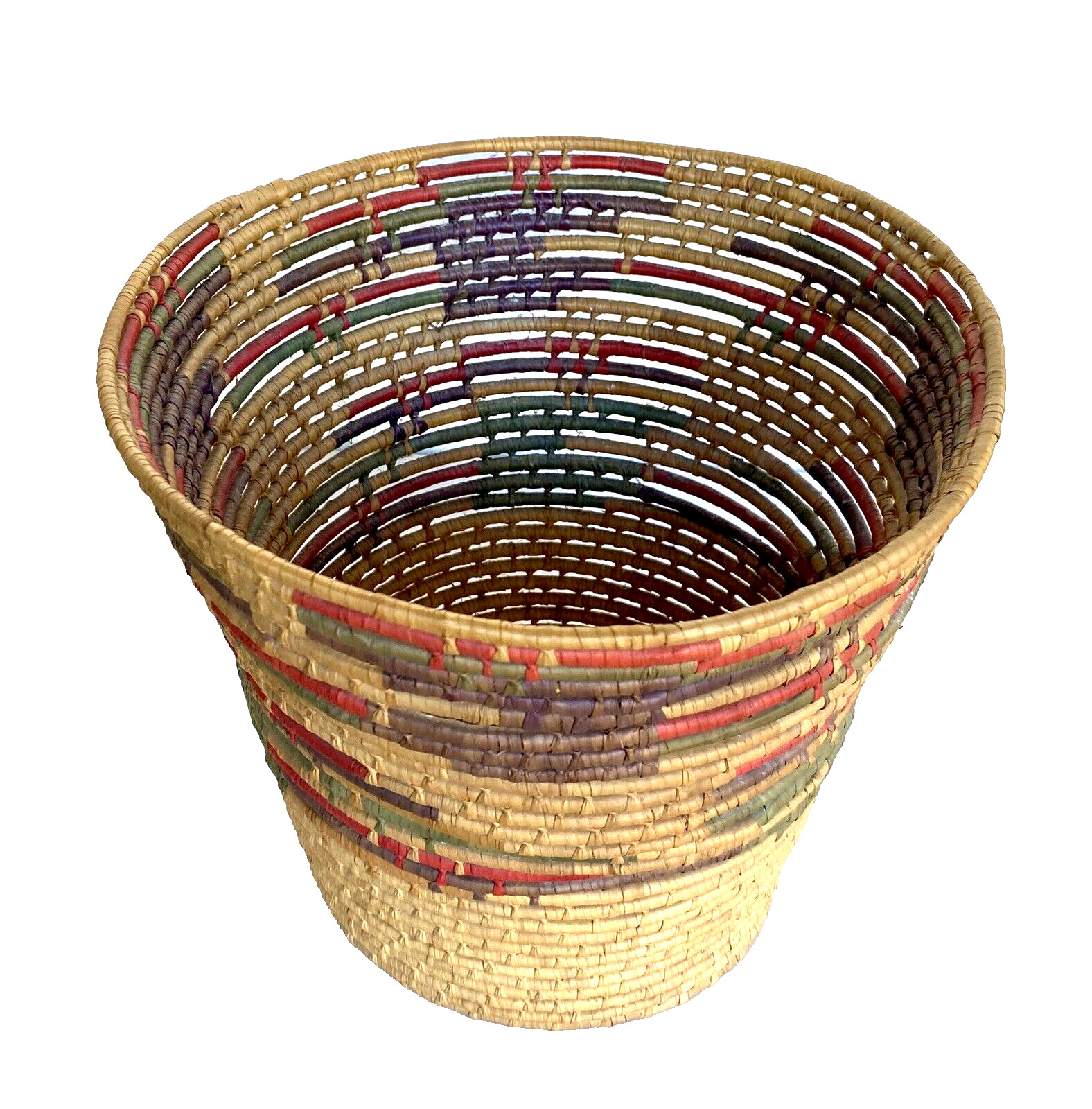 Vintage Toluca Valley Hand Woven Folk Art Waste Basket, Mexico 8-3/8″ Tall