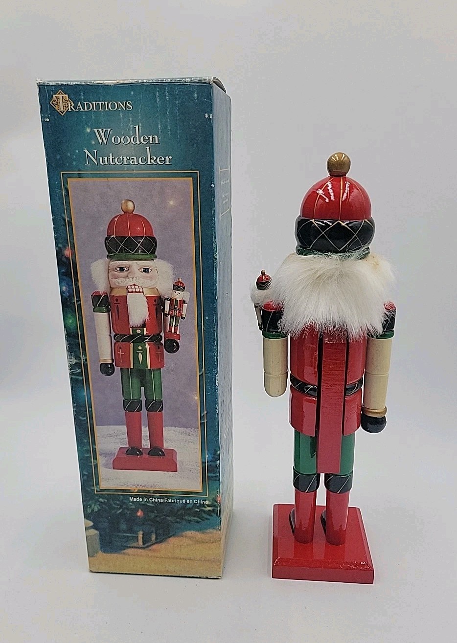 Traditions Wooden Nutcracker 14″ Holding Smaller Nutcracker Red Green Gold